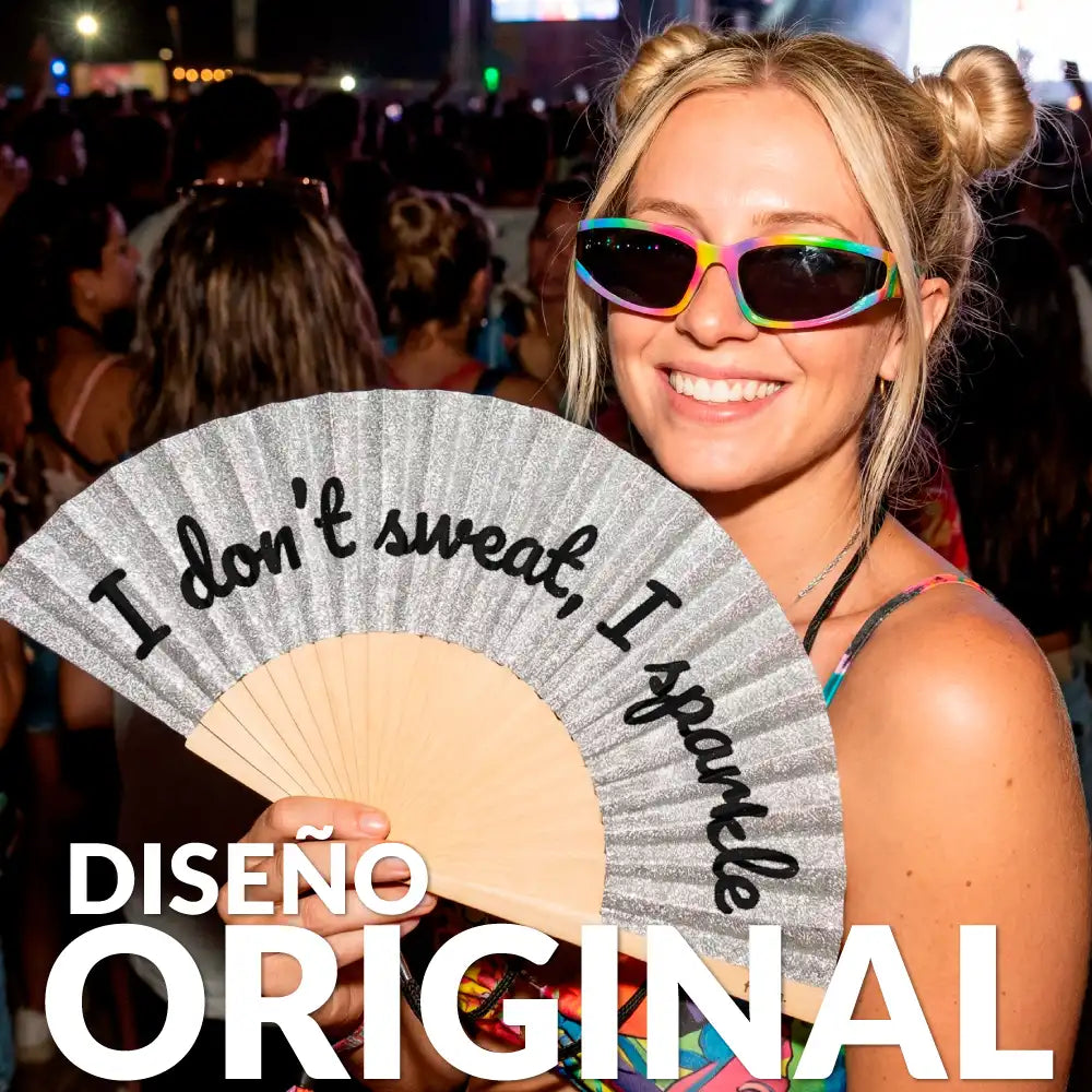 Abanico “I don’t sweat, I sparkle” purpurina