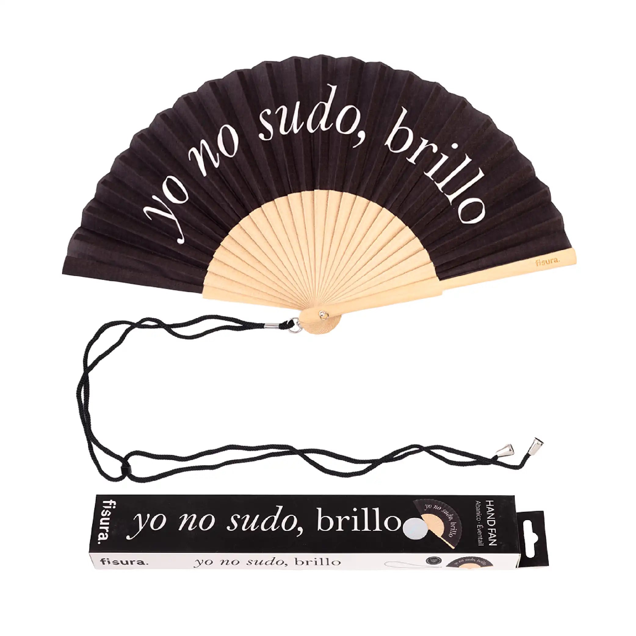 Abanico "Yo no sudo, brillo" negro