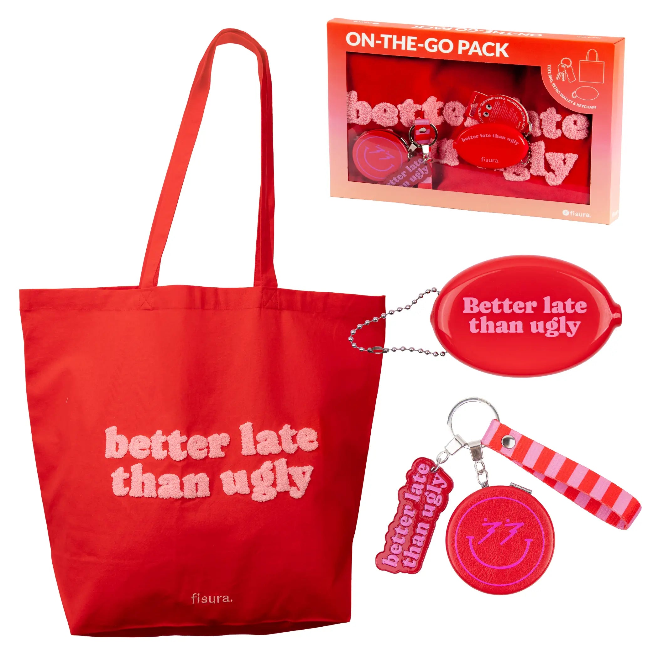 Pack de tote bag, monedero retro y llavero "Better late than ugly”