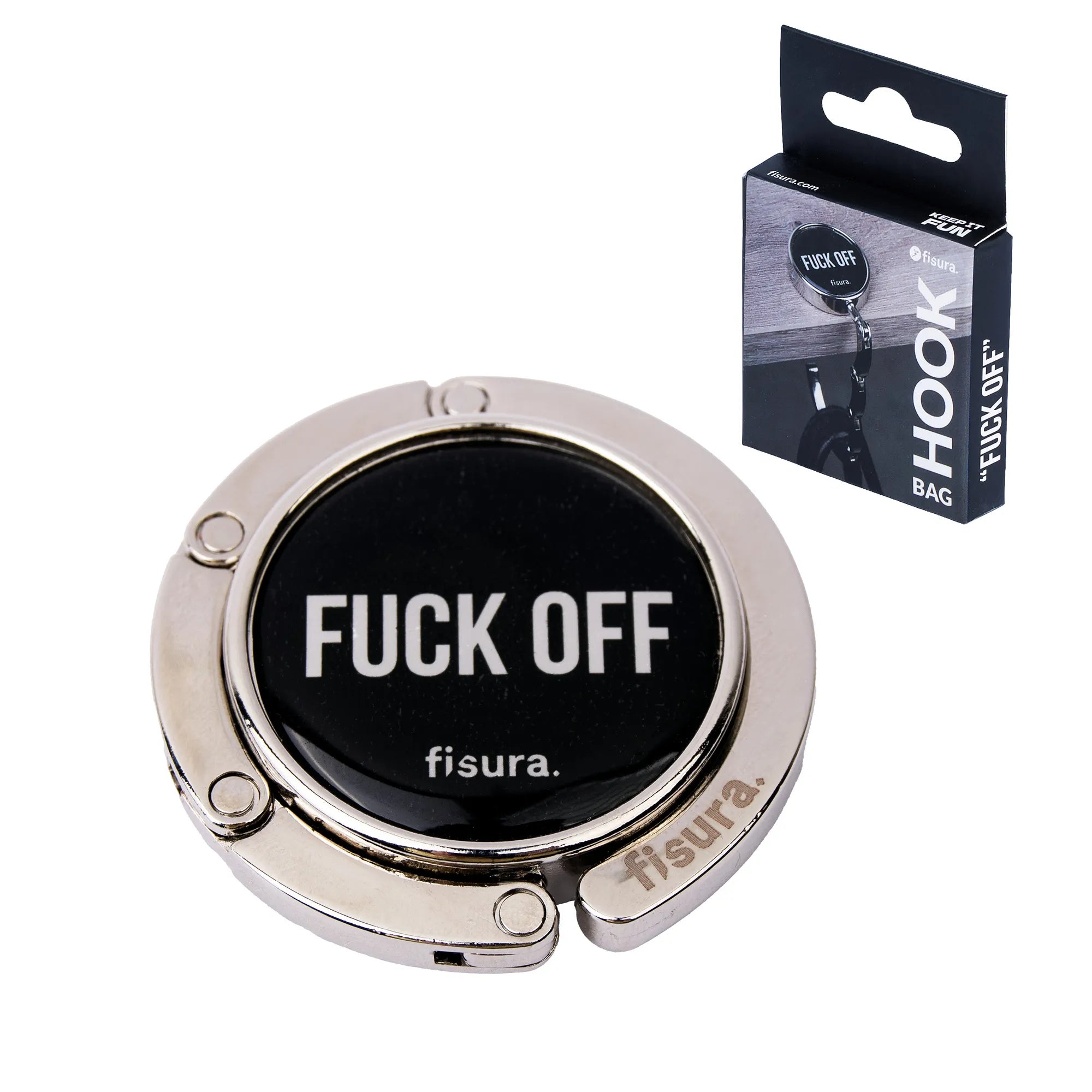 Taschenhaken „Fuck off“ für Tischkanten