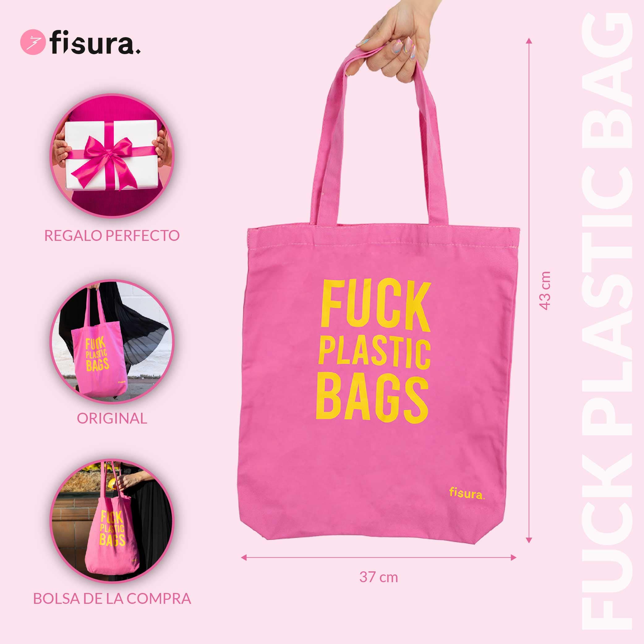 Tote bag original “fuck plastic bag" rosa