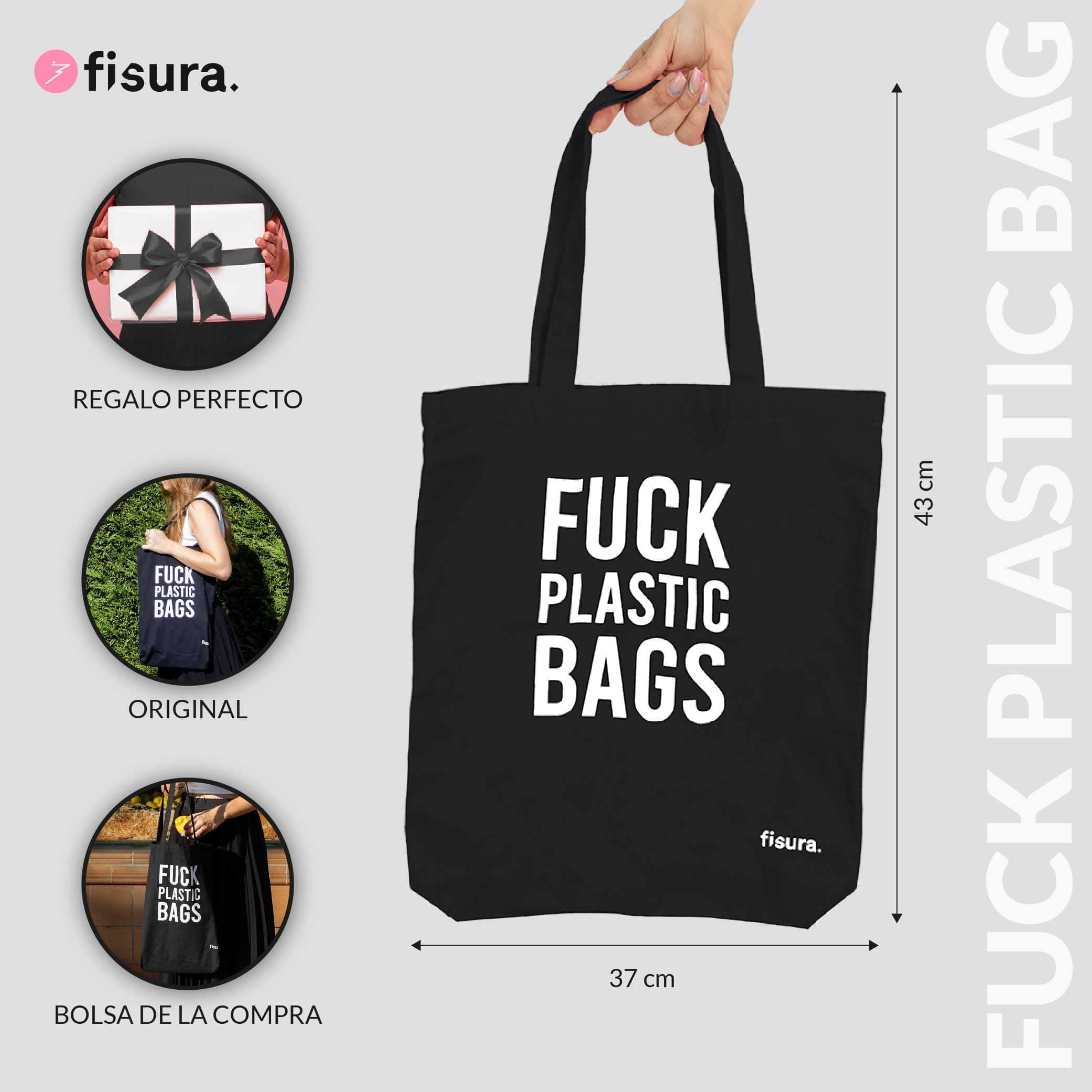 Tote bag original “fuck plastic bag" negra