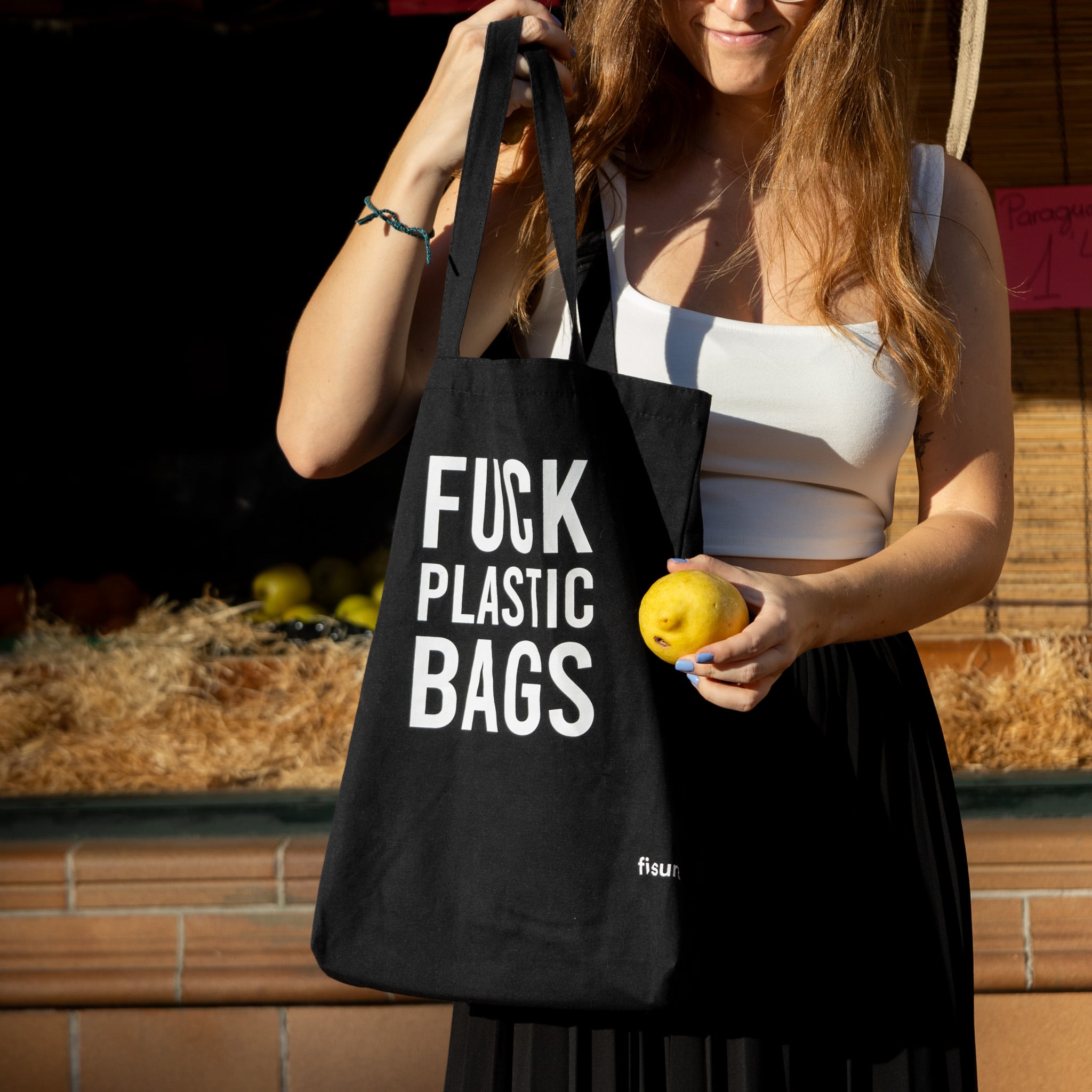 Tote bag original “fuck plastic bag" negra