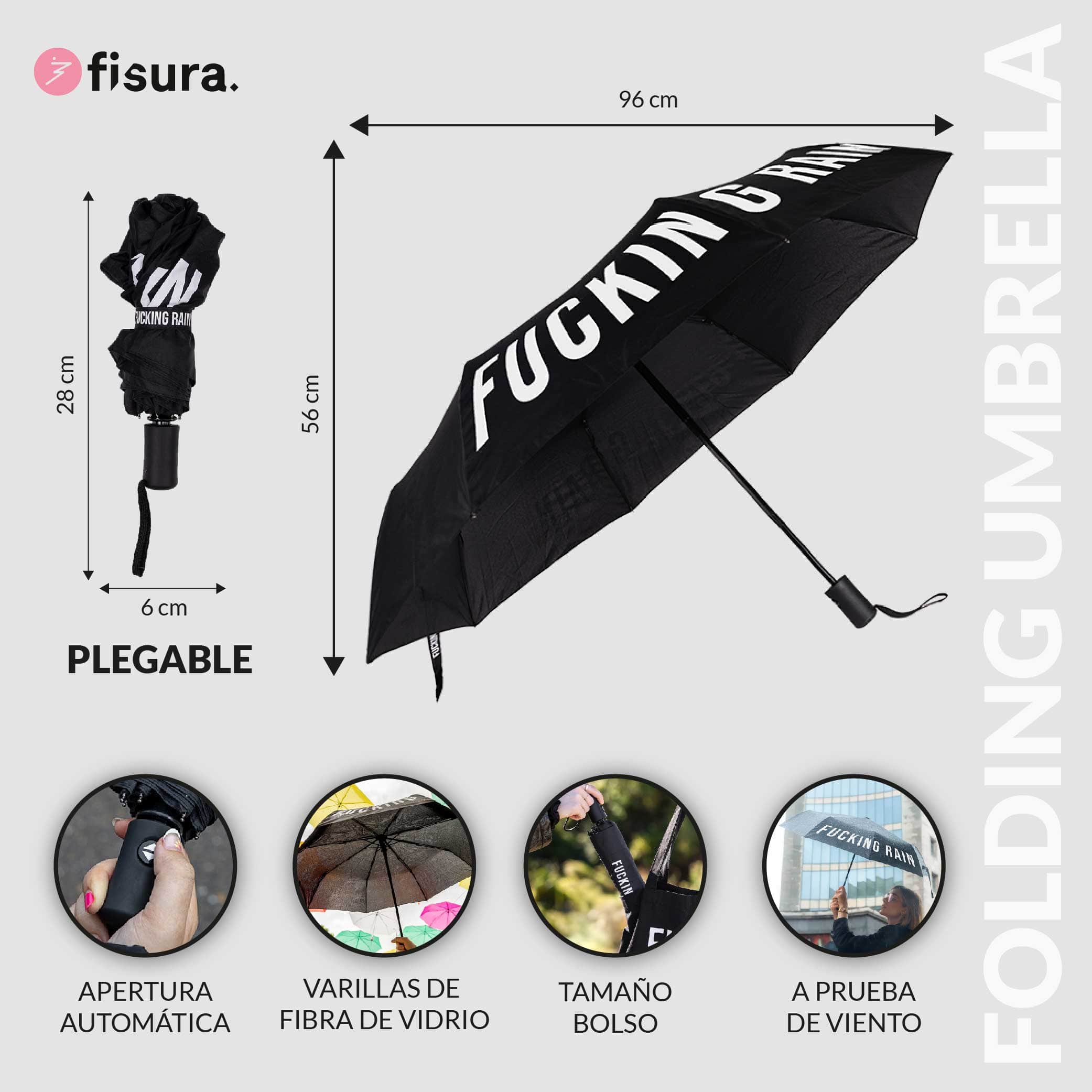 Paraguas plegable "Fucking Rain" negro