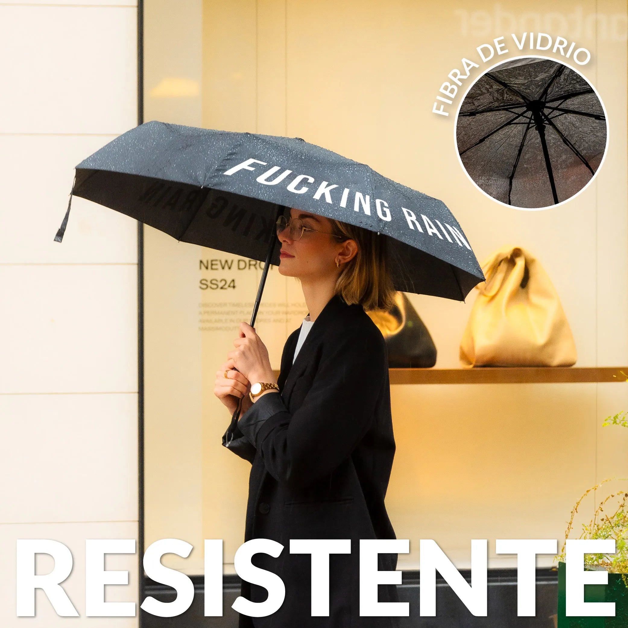 Paraguas plegable "Fucking Rain" negro