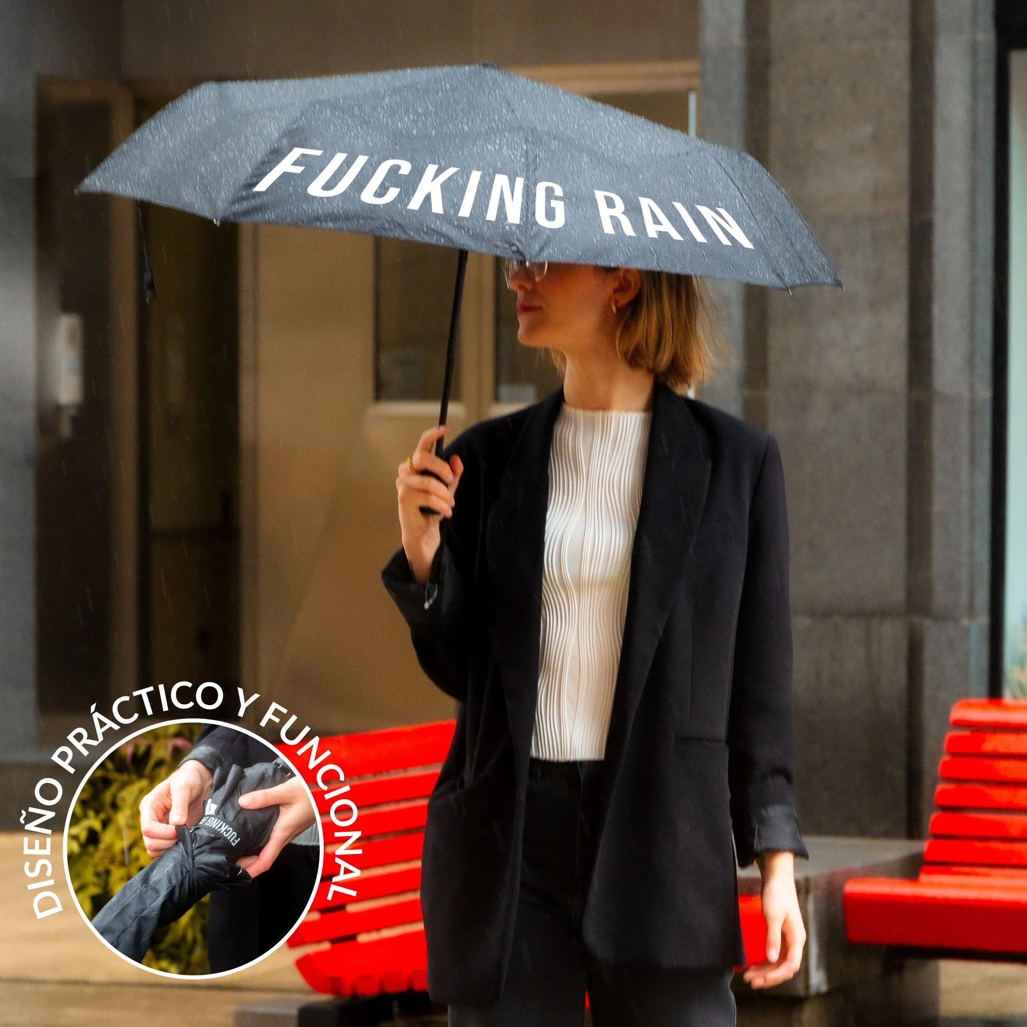 Paraguas plegable "Fucking Rain" negro