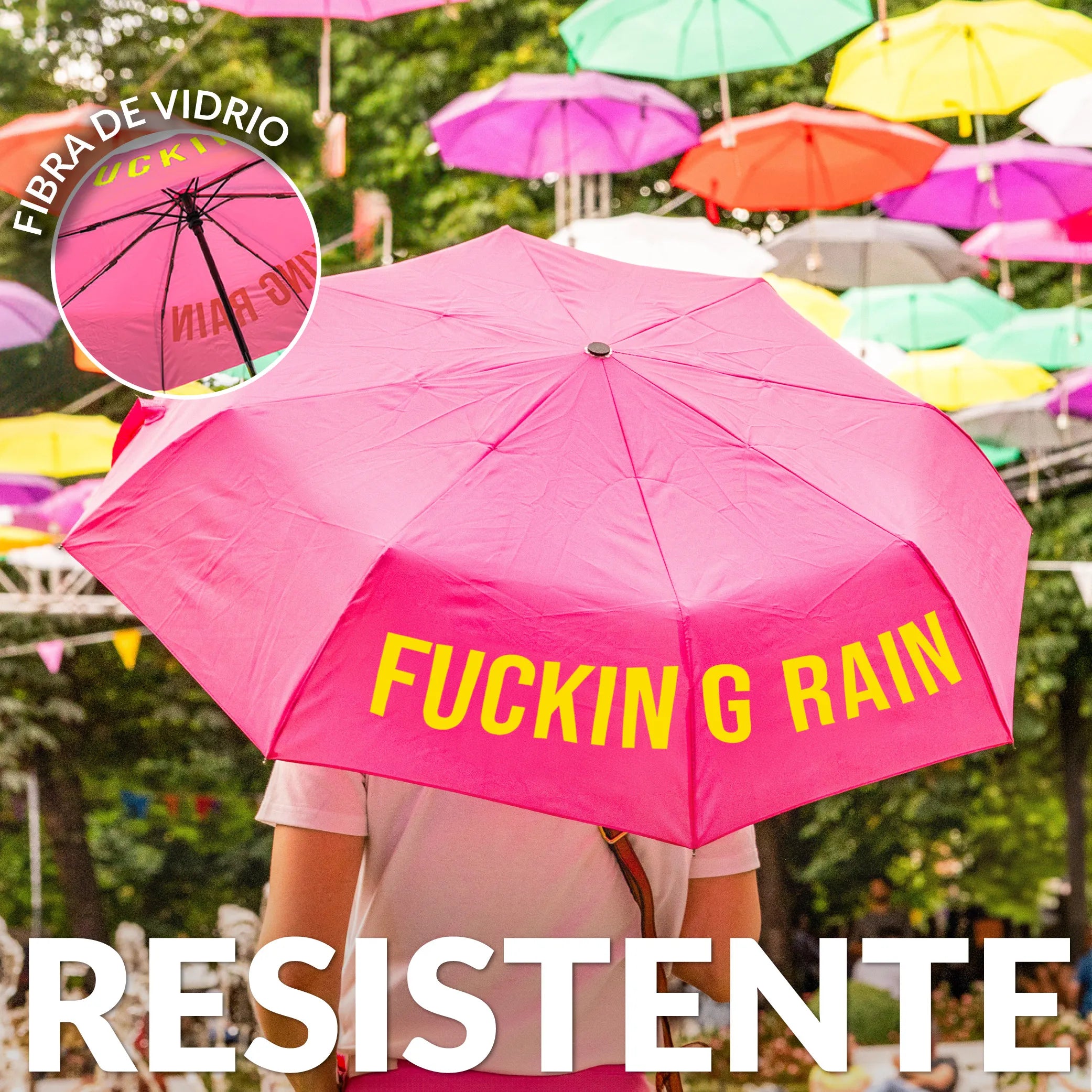 Paraguas plegable "Fucking Rain" rosa