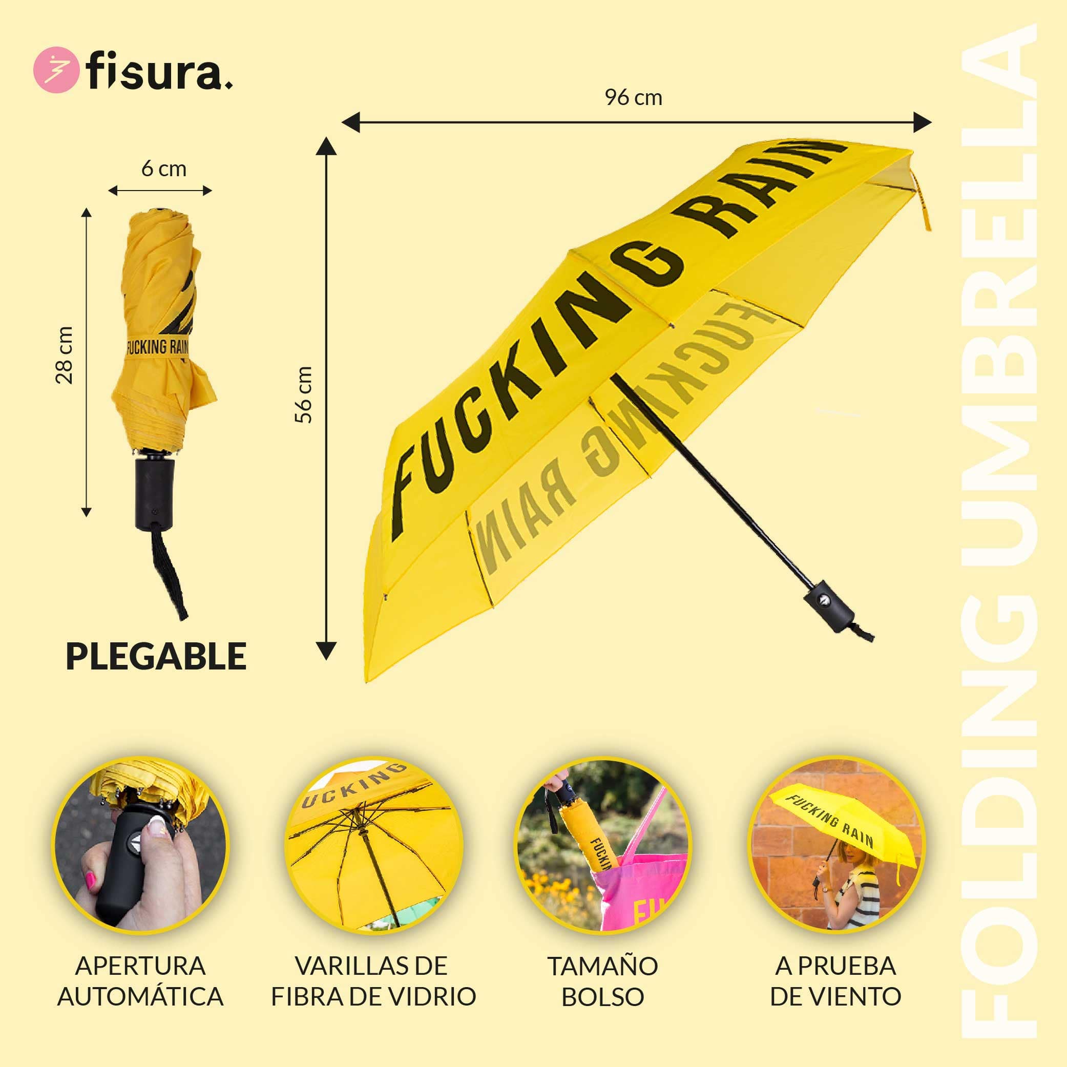 Paraguas plegable "Fucking Rain" amarillo