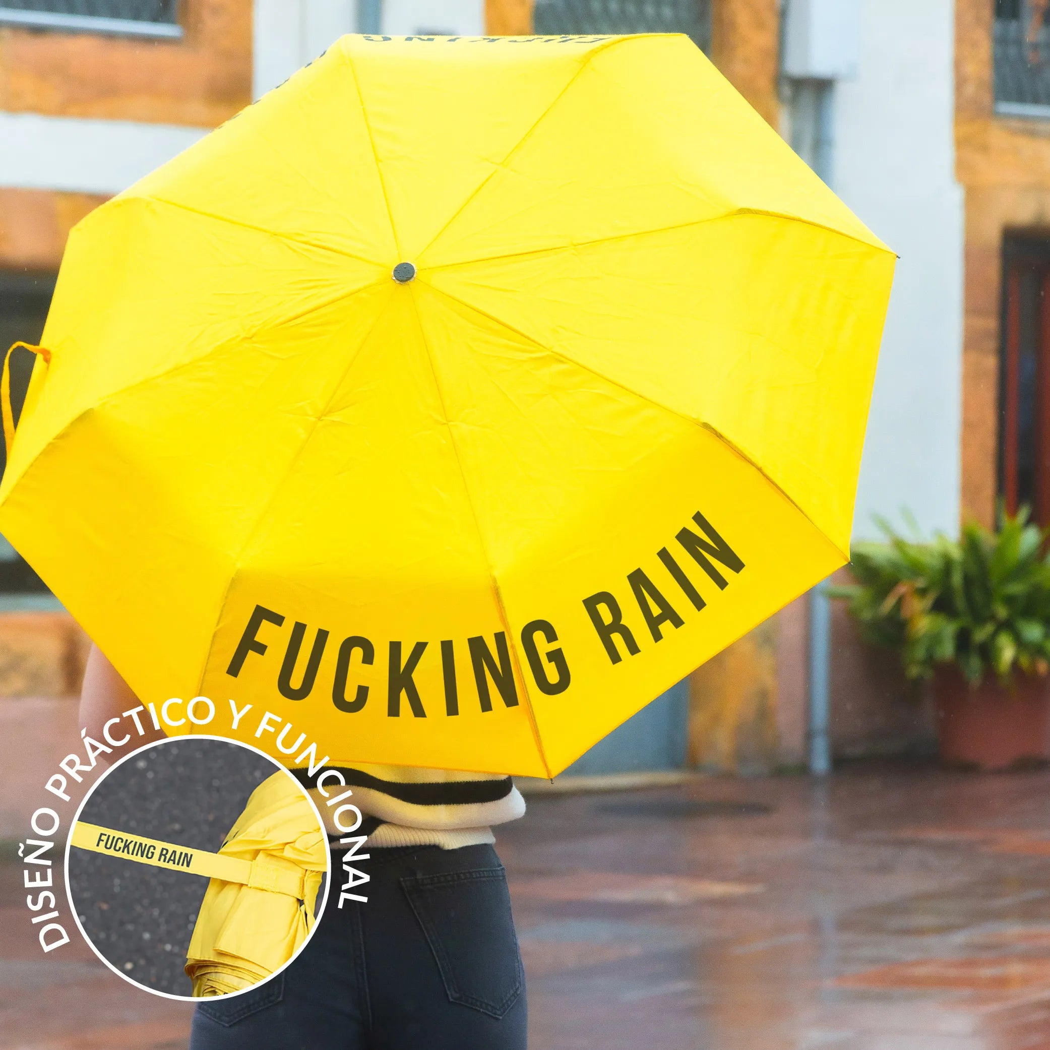 Paraguas plegable "Fucking Rain" amarillo