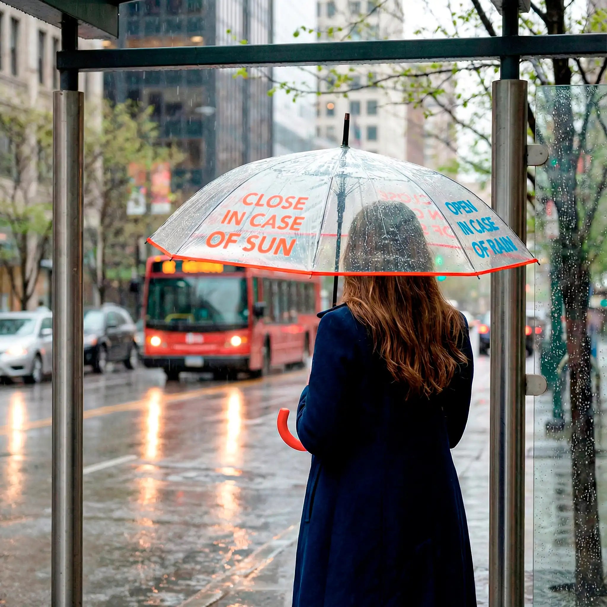 Paraguas transparente "open in case of..."