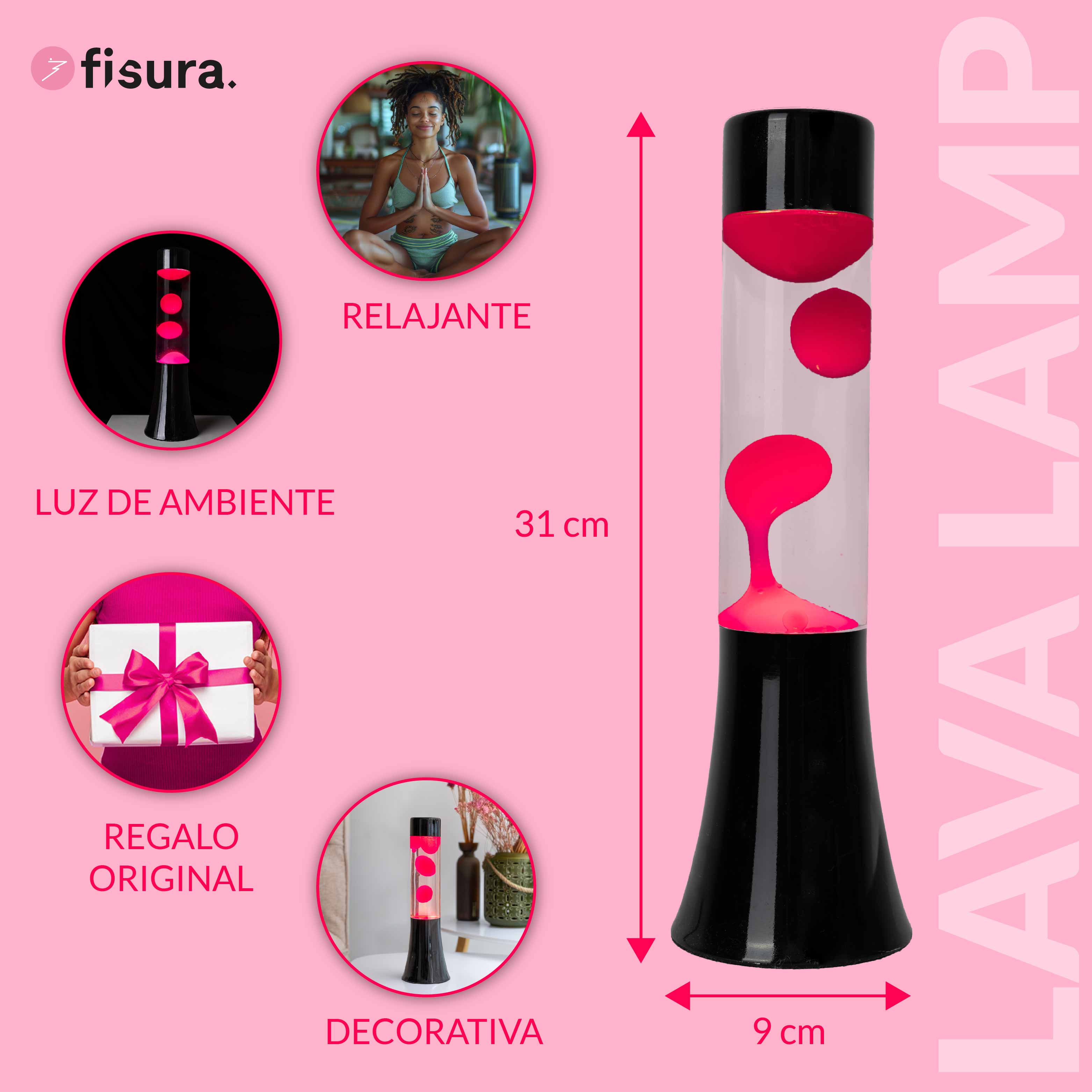 Lámpara de lava rosa de 30 cm con base negra