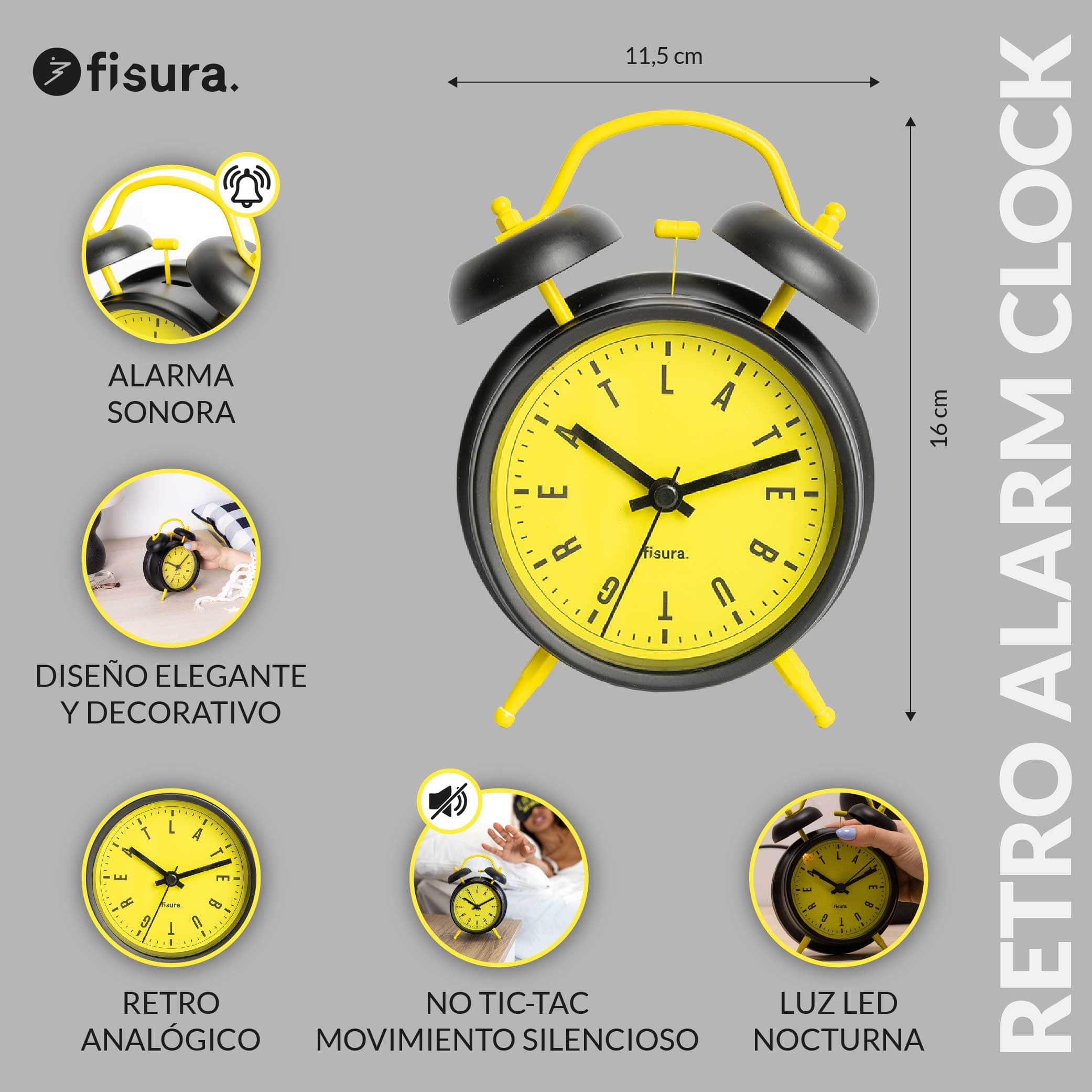 Reloj despertador Retro Amarillo & Negro