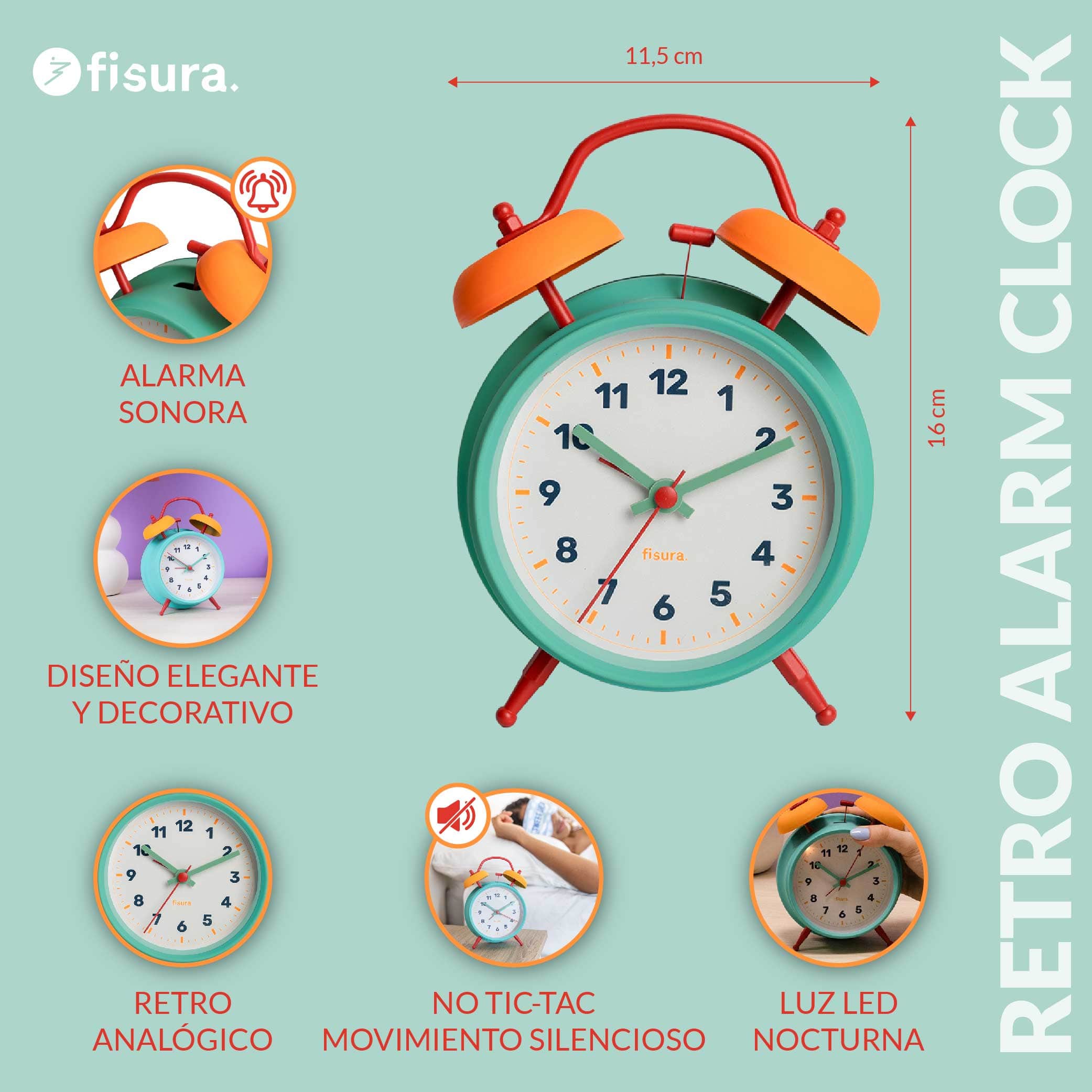 Reloj despertador retro azul y amarillo