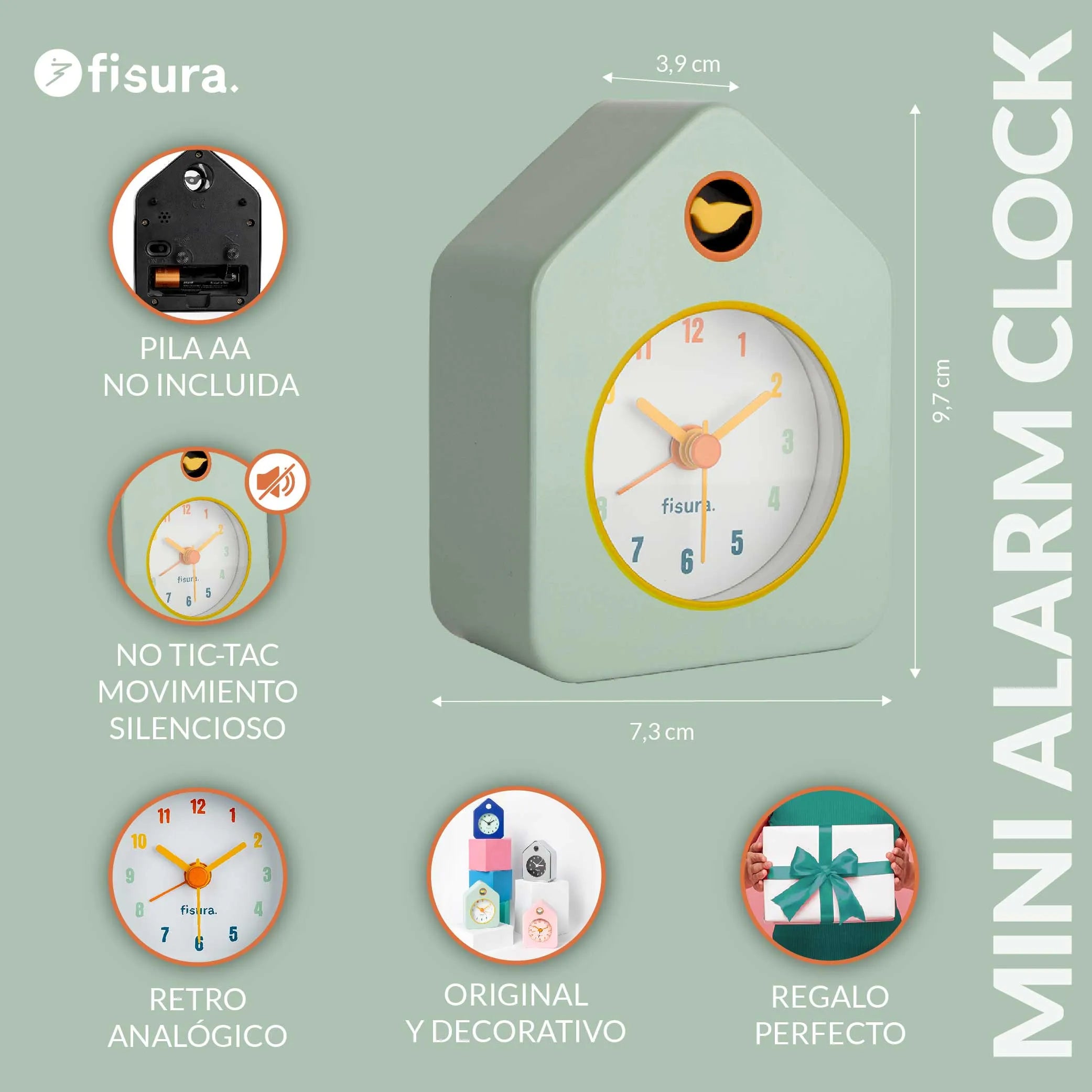 Reloj despertador casita mini verde menta