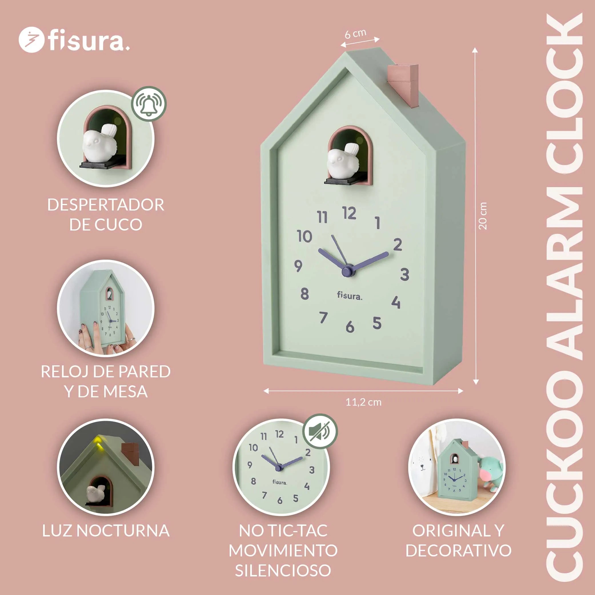 Reloj despertador cuco casita menta