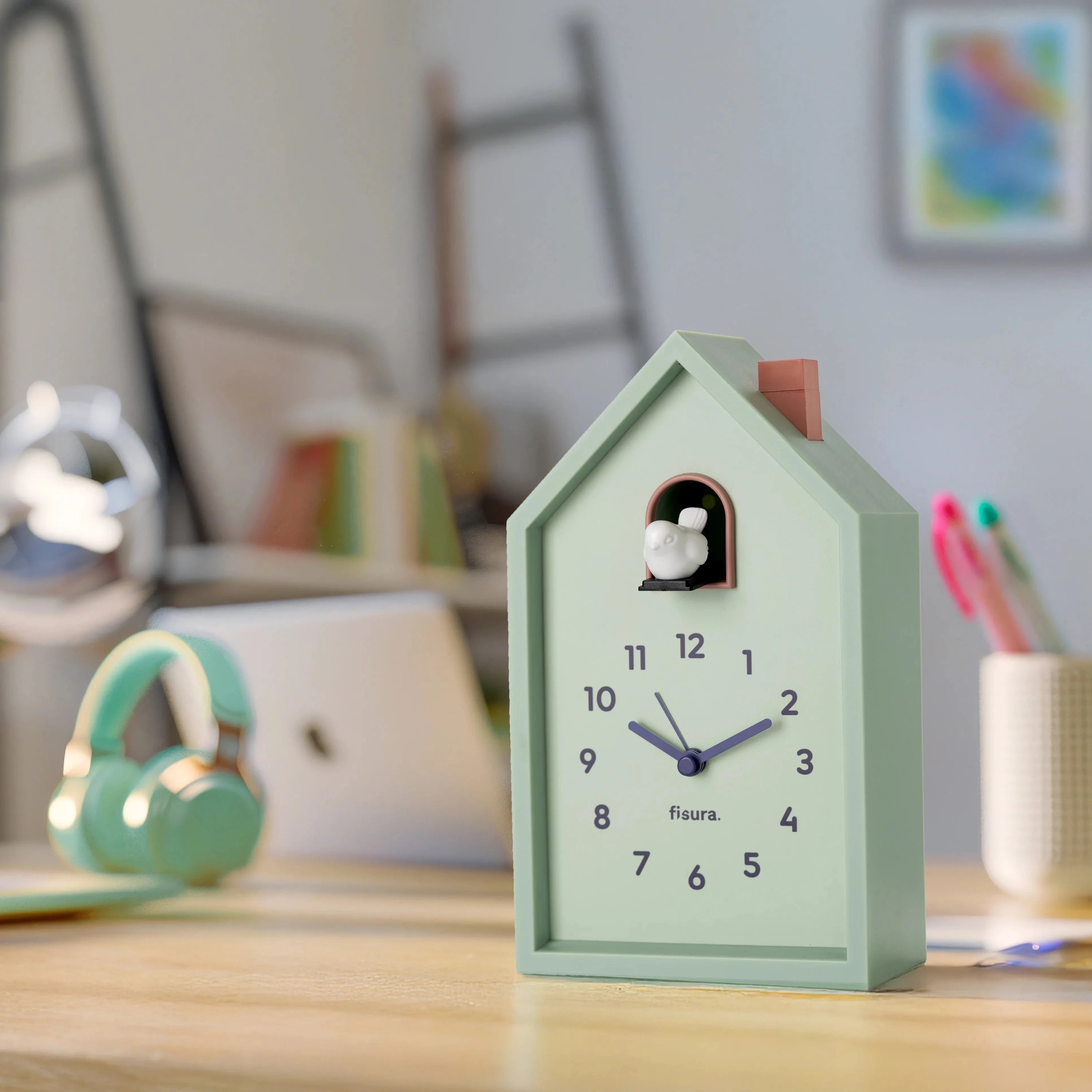 Reloj despertador cuco casita menta