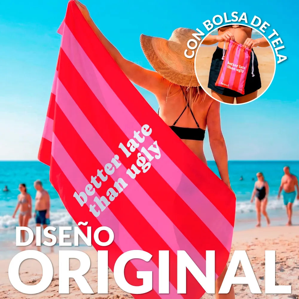 Toalla playa "better late than ugly" rosa y rojo