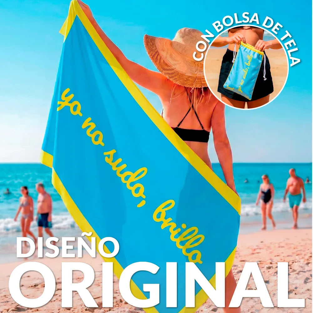 Toalla playa "yo no sudo, brillo" azul y amarillo