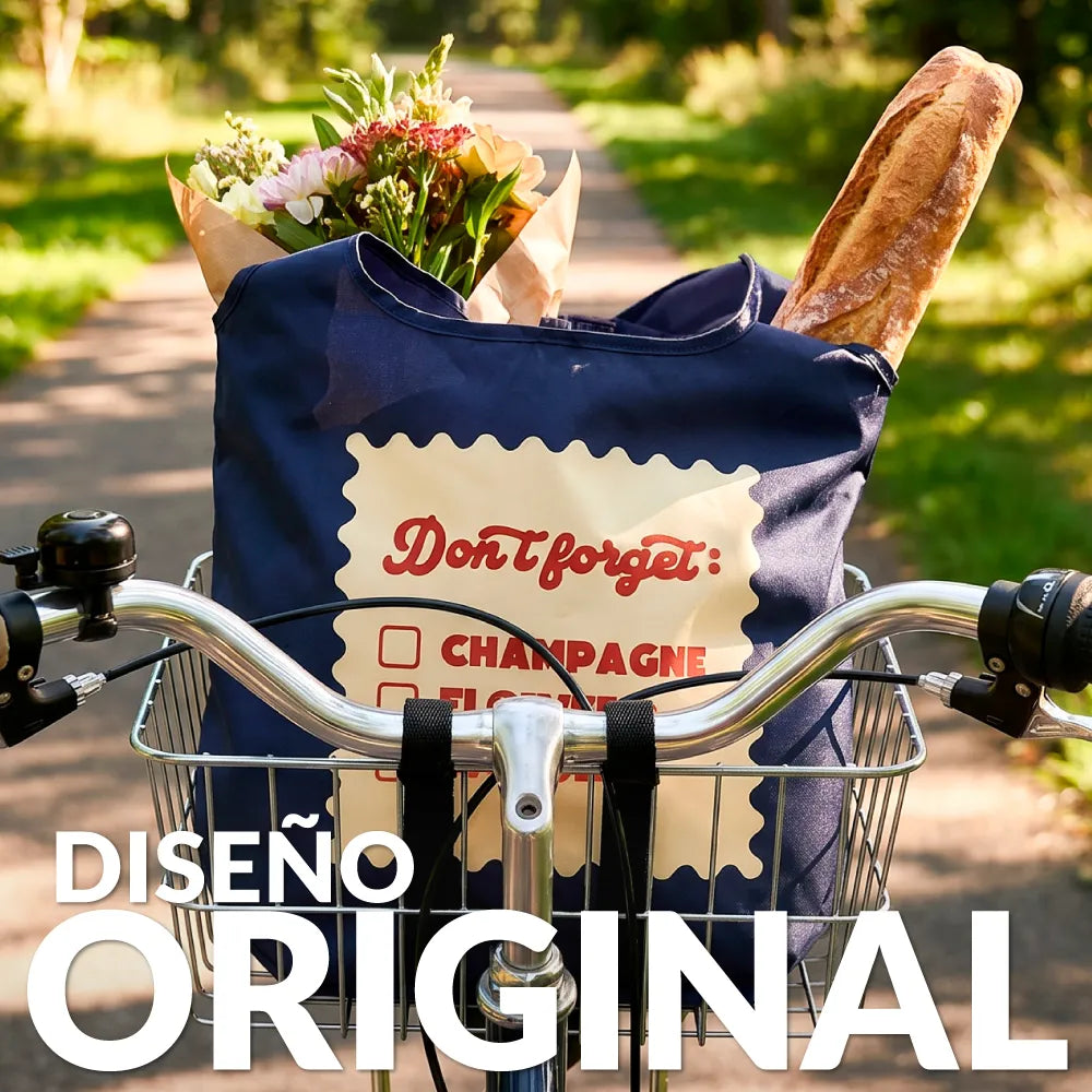 Bolsa compra plegable "Don’t forget champagne, flowers, cheese”