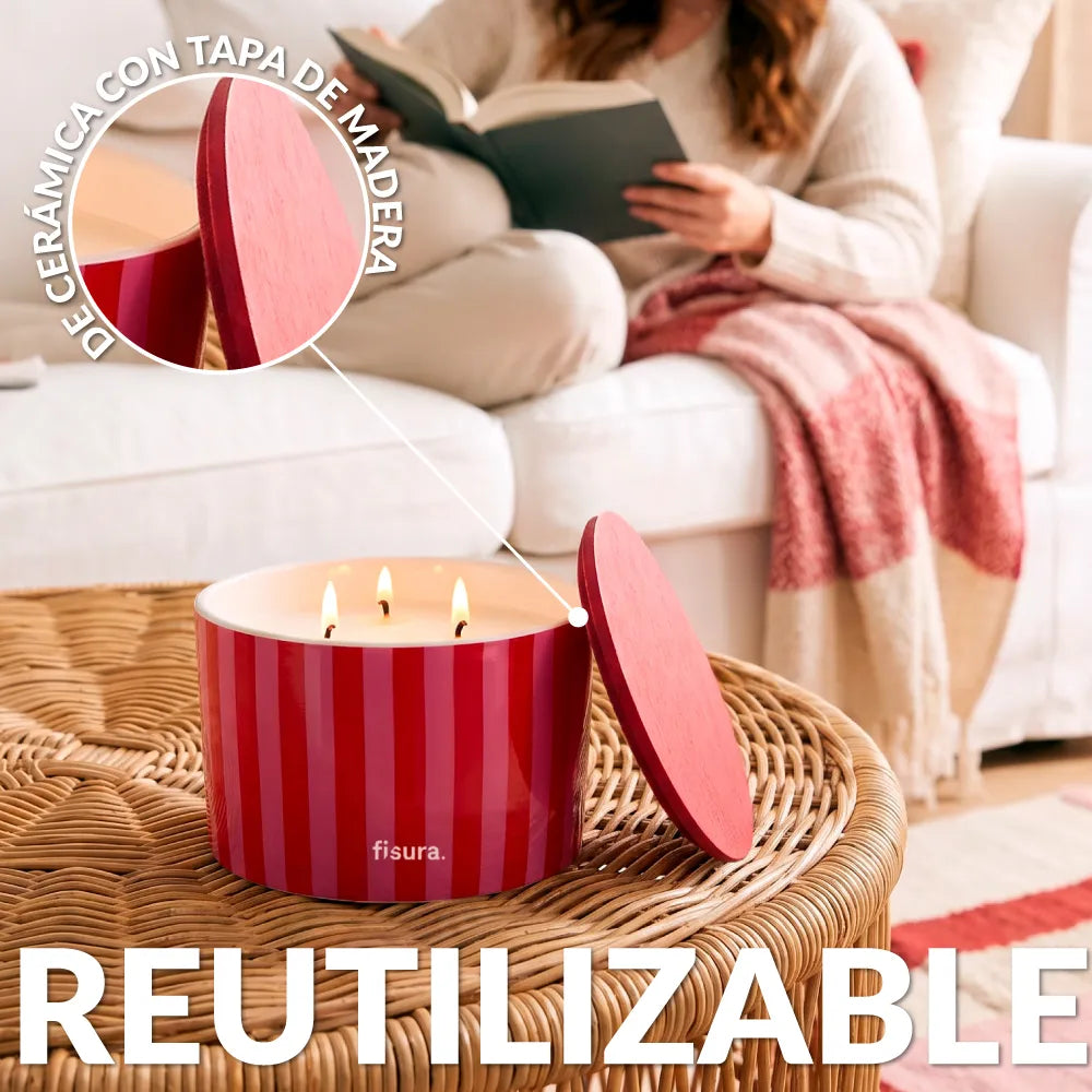 Bougie en céramique avec couvercle à rayures - framboise