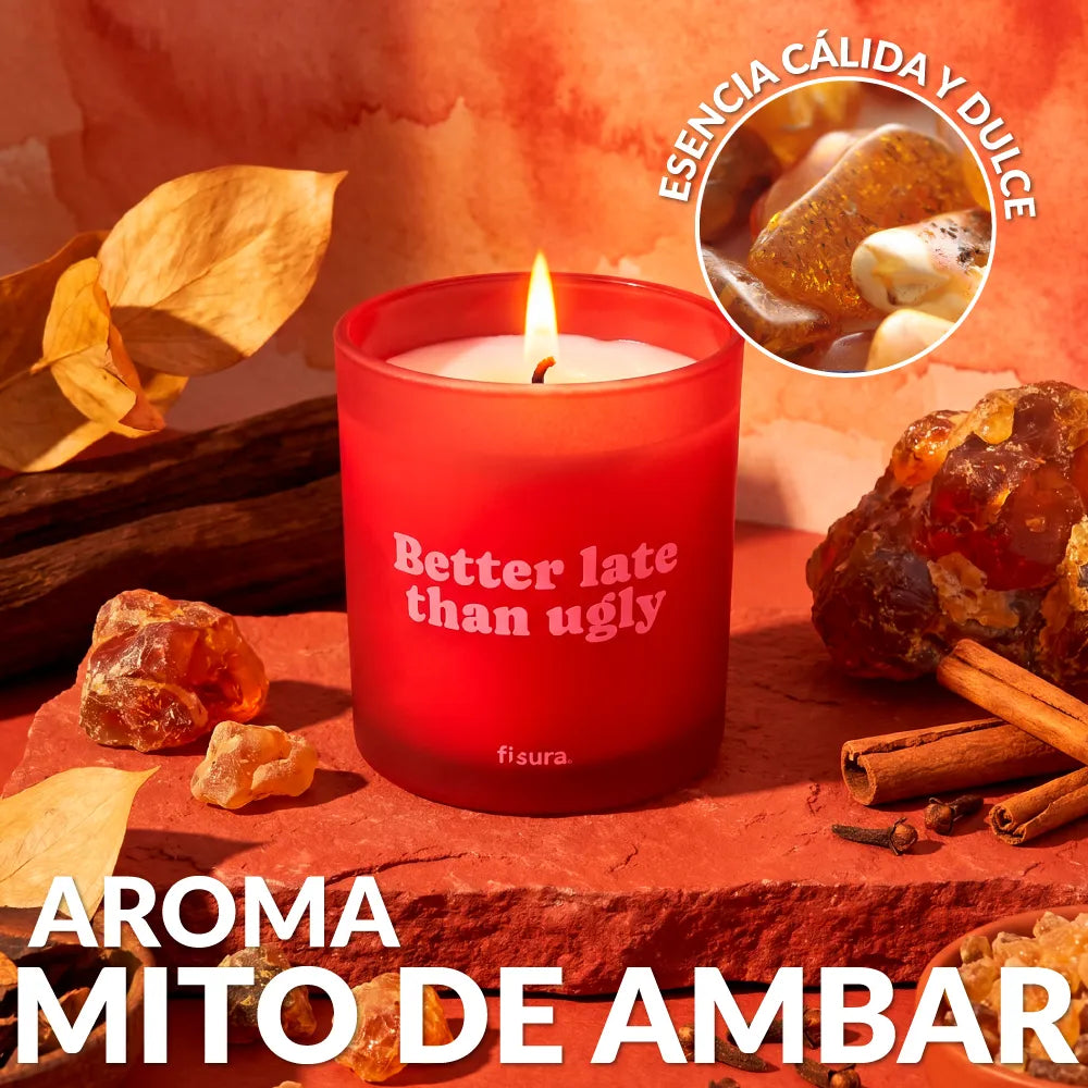 Bougie en verre “Better late than ugly” – myrrhe ambrée