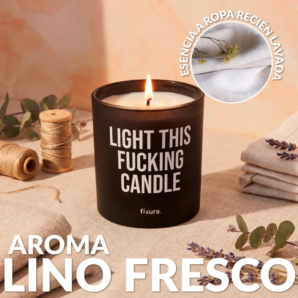 Bougie en verre “Light this fucking candle” – lin frais