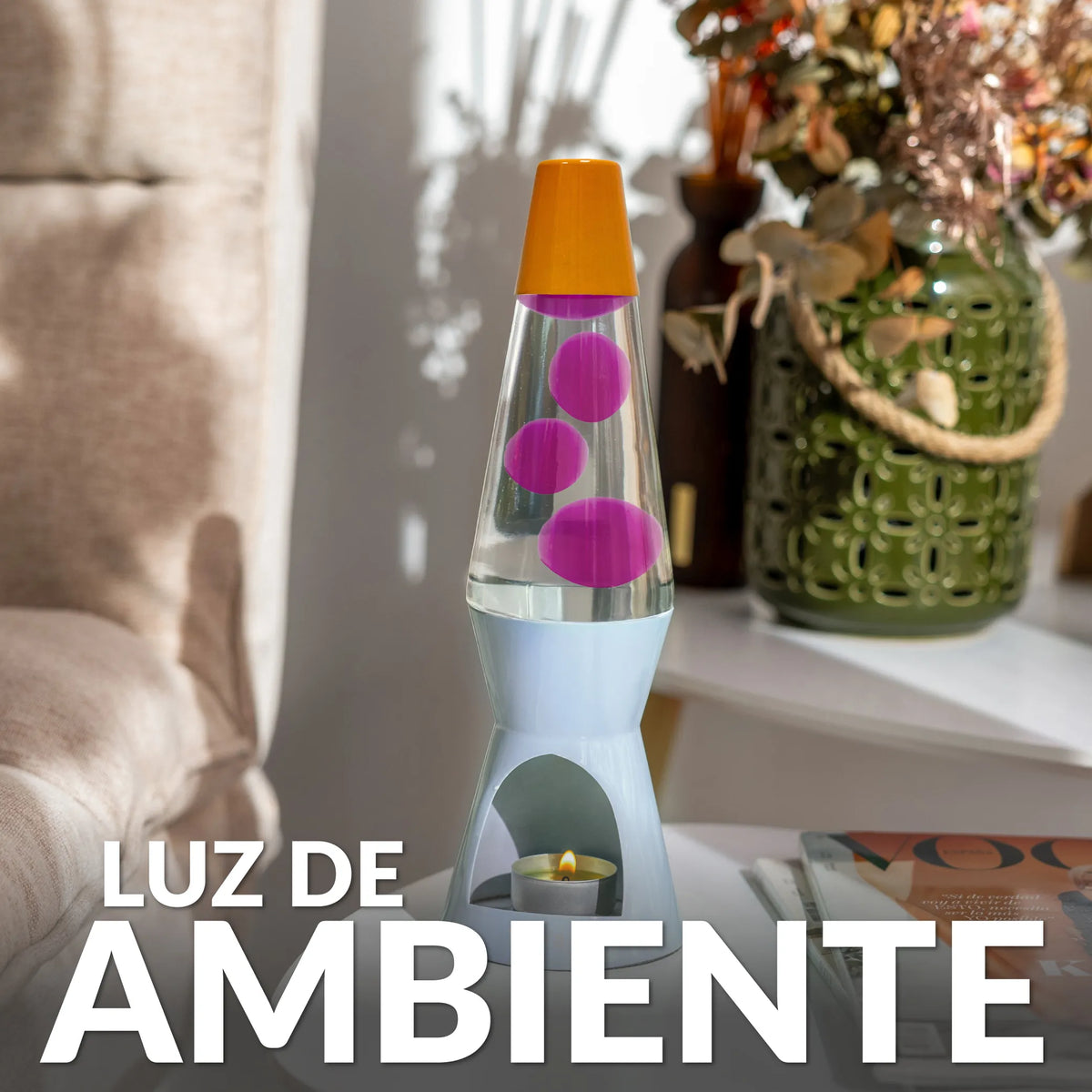 Lámpara de lava vela naranja, rosa y azul