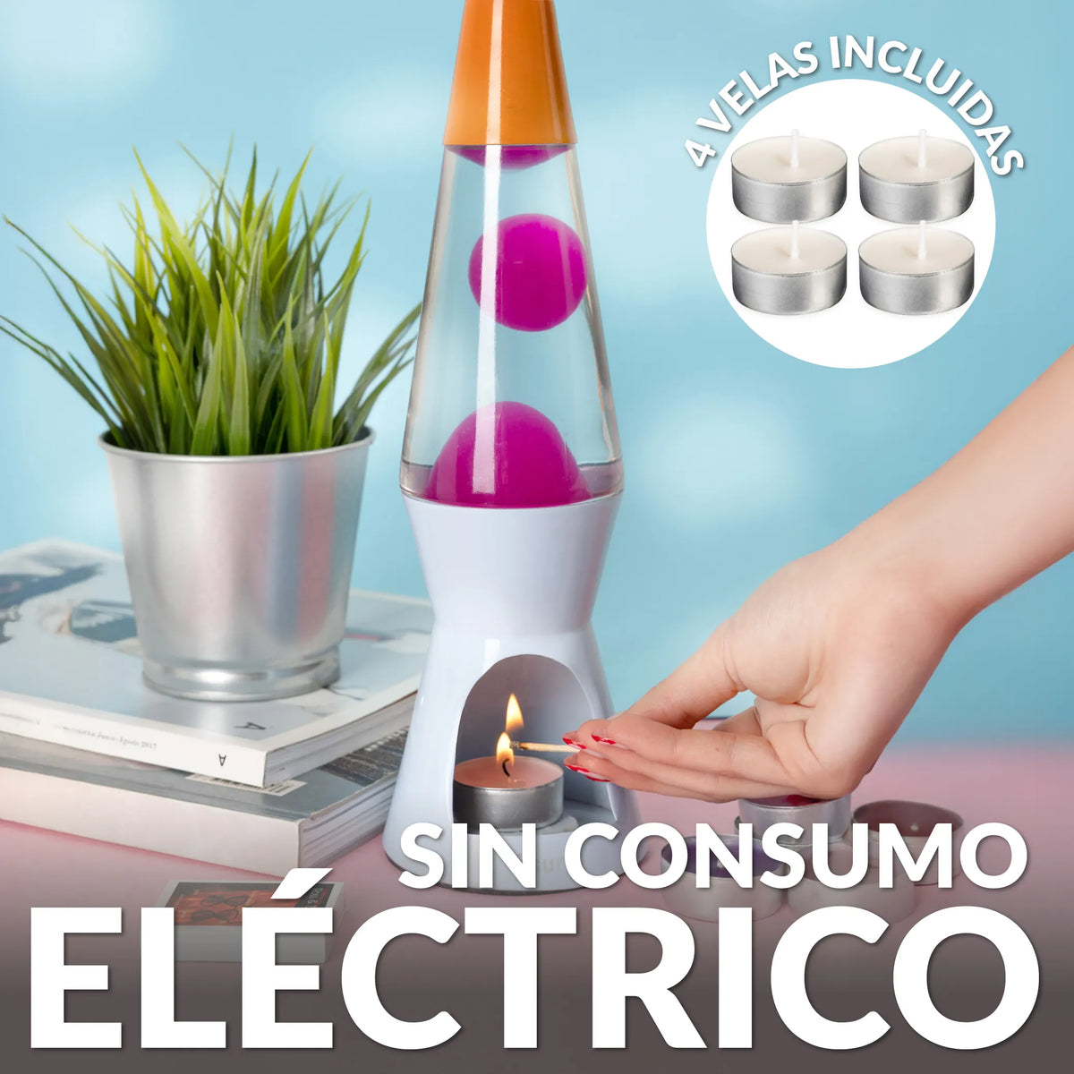 Lámpara de lava vela naranja, rosa y azul
