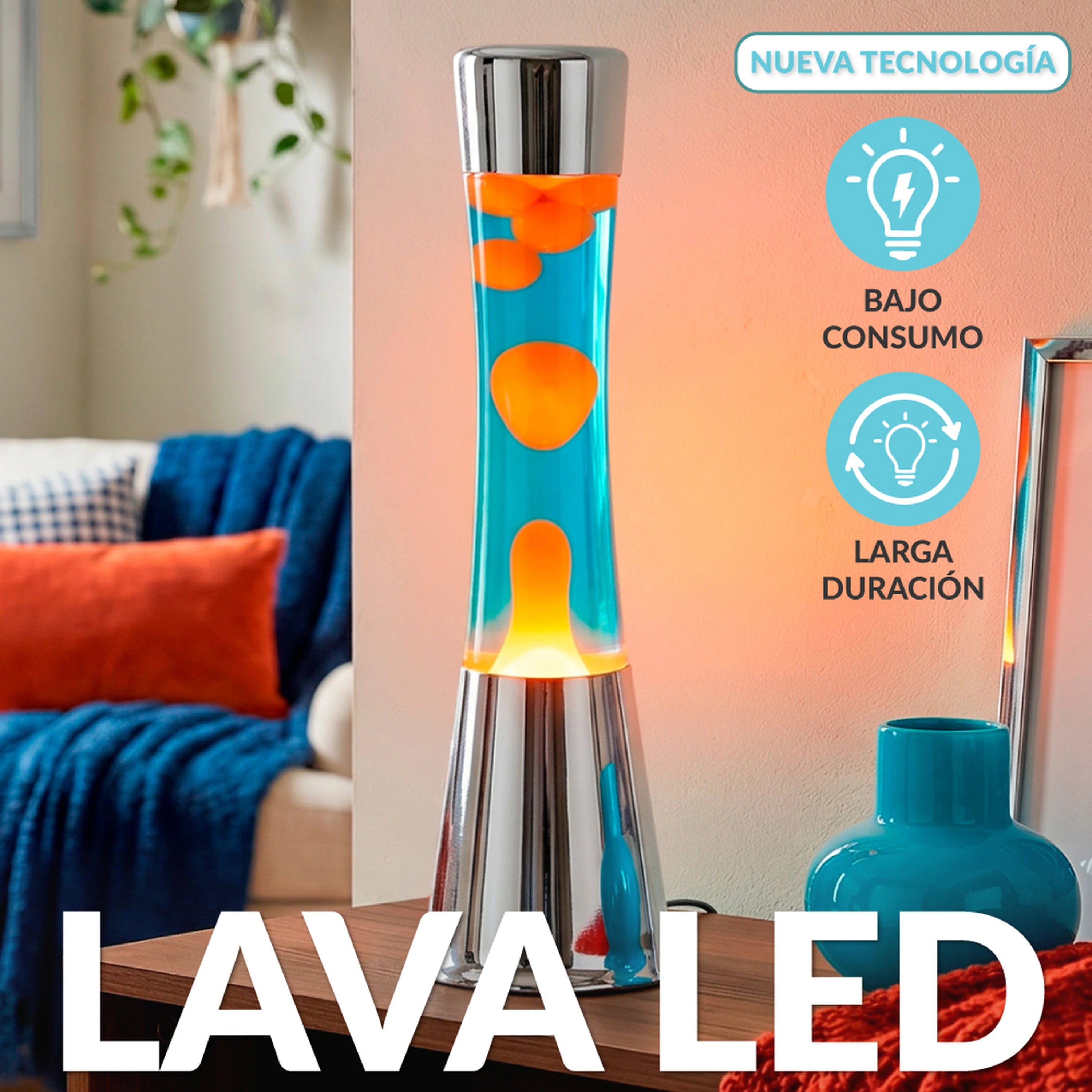 Lámpara de lava LED con base cromo, líquido azul y lava naranja