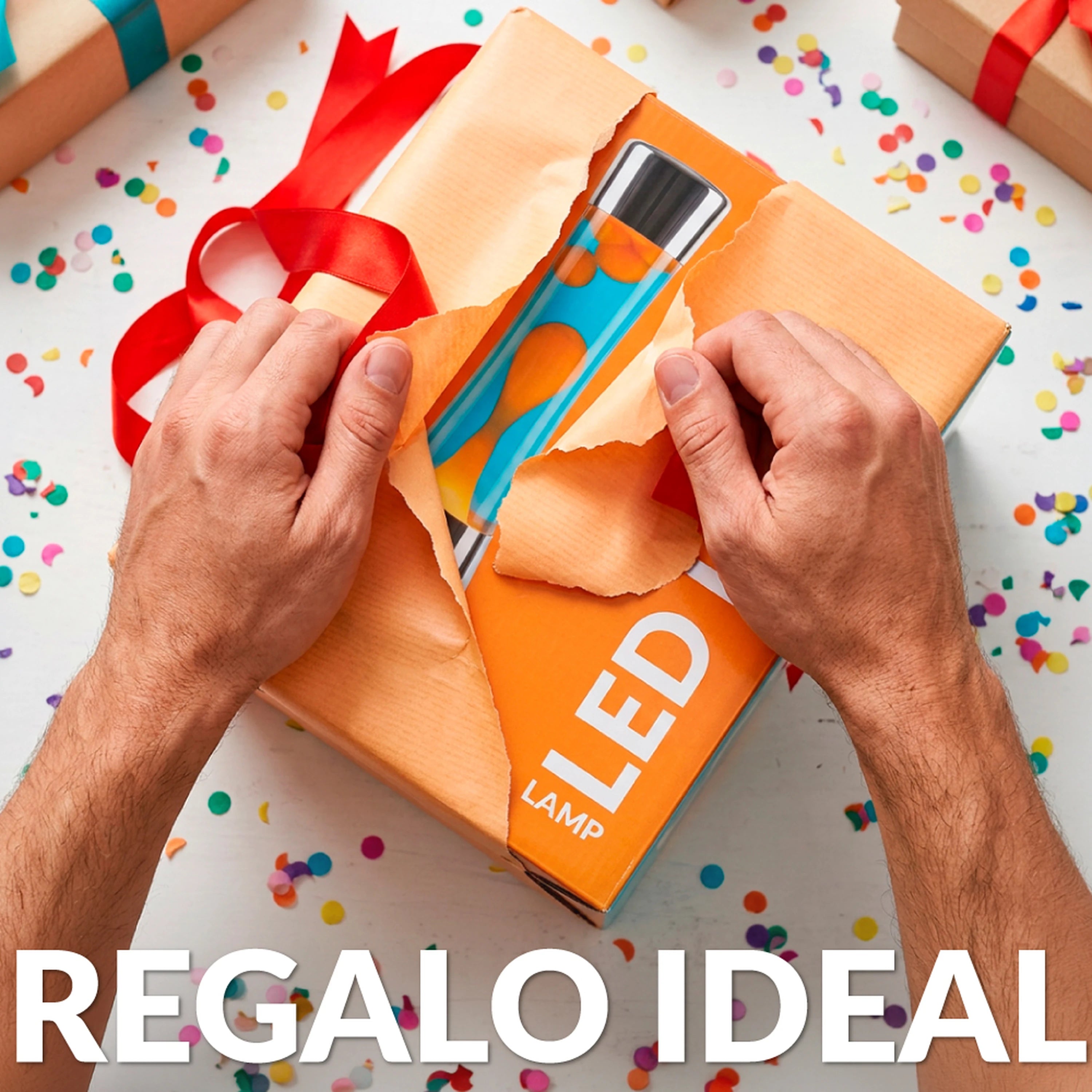 Lámpara de lava LED con base cromo, líquido azul y lava naranja