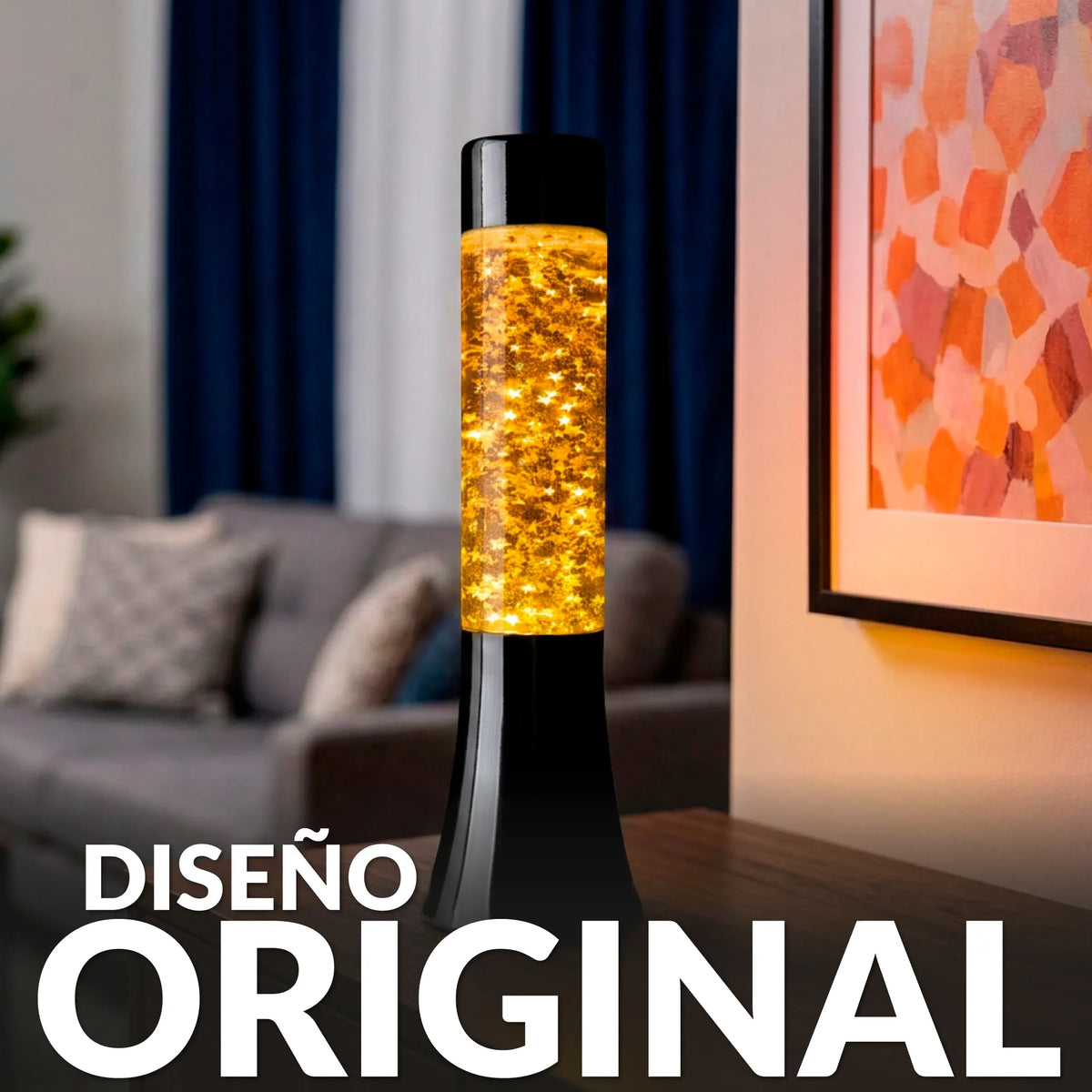 Lámpara de lava glitter de estrellas de 30 cm con base negra y líquido amarillo
