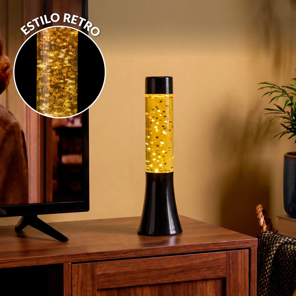 Lámpara de lava glitter de estrellas de 30 cm con base negra y líquido amarillo