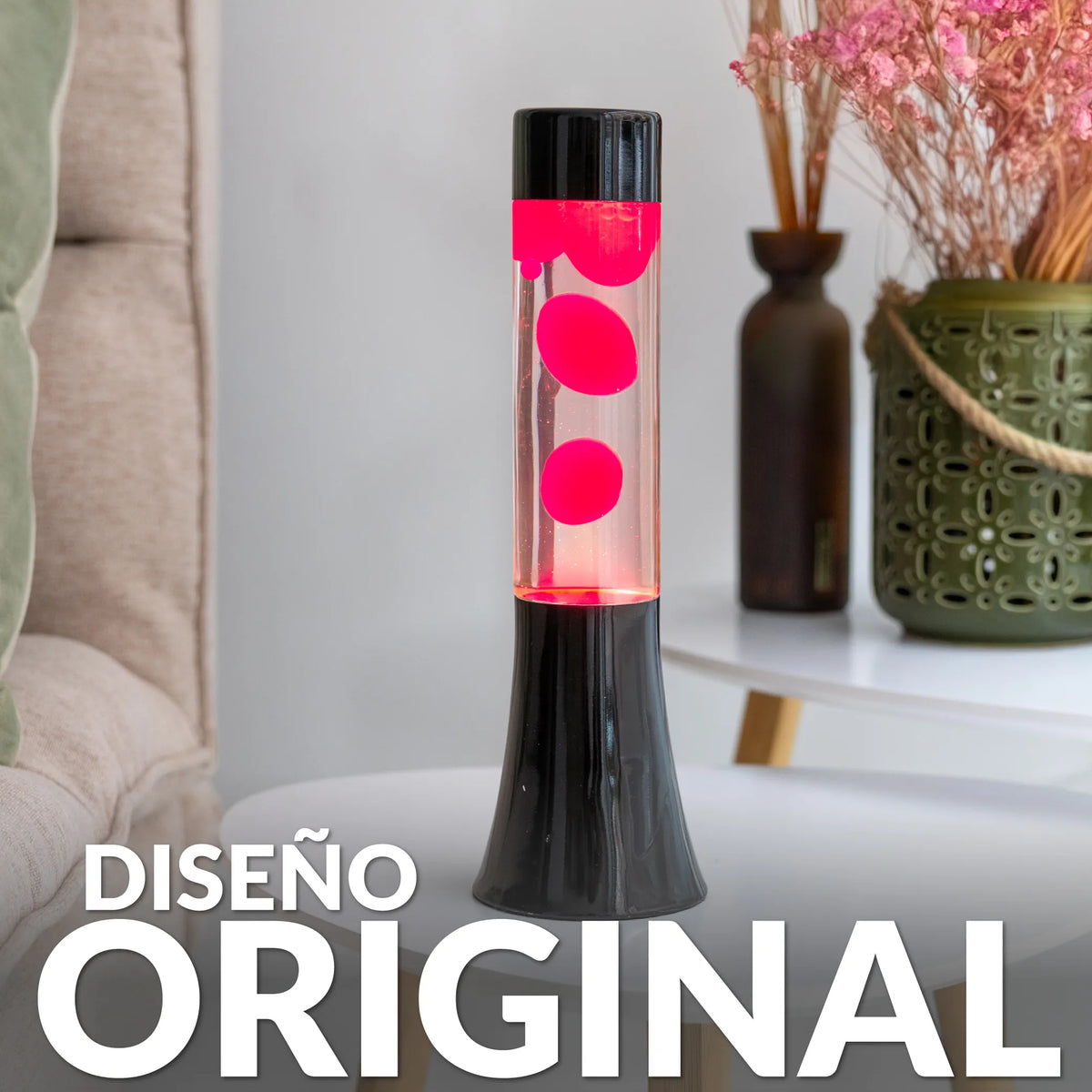 Lámpara de lava rosa de 30 cm con base negra