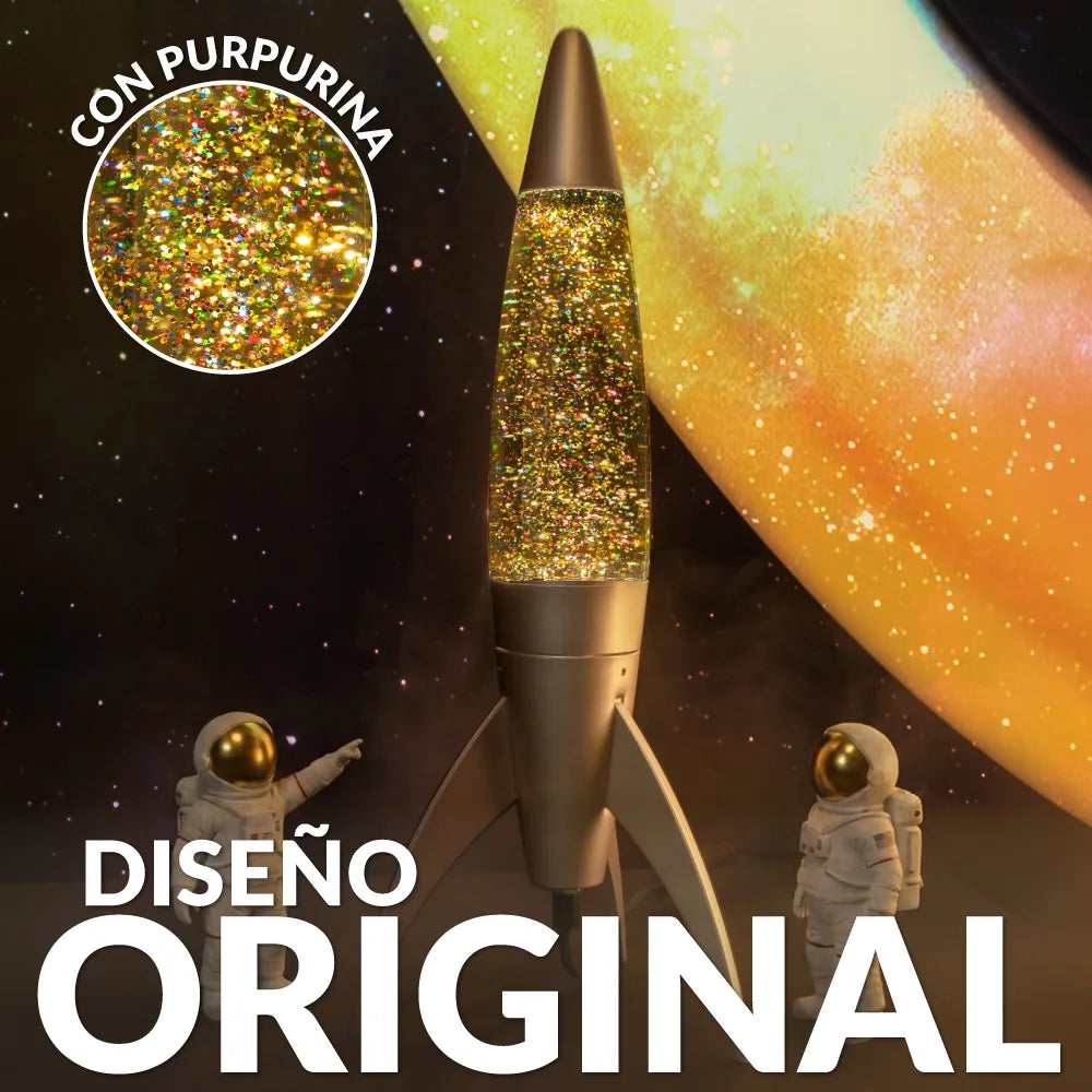 Lámpara de lava rocket purpurina oro