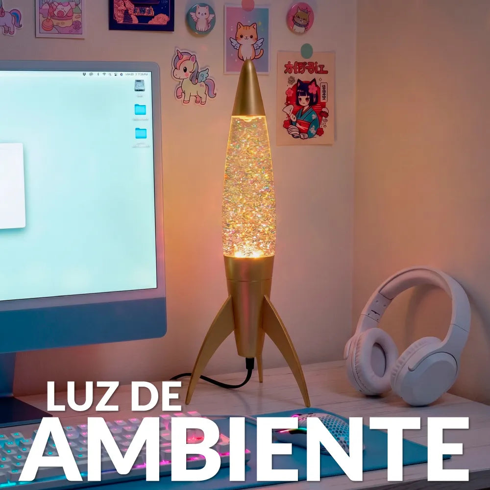Lámpara de lava rocket purpurina oro