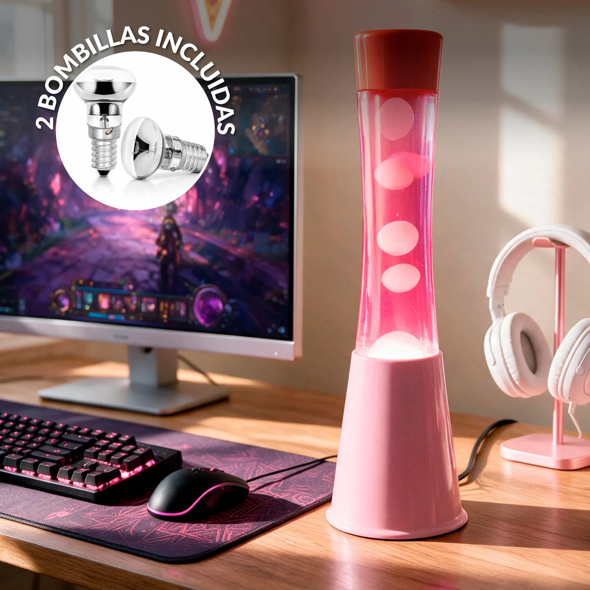 Lámpara de Lava base rosa con tapa roja, líquido rosa y lava transparente