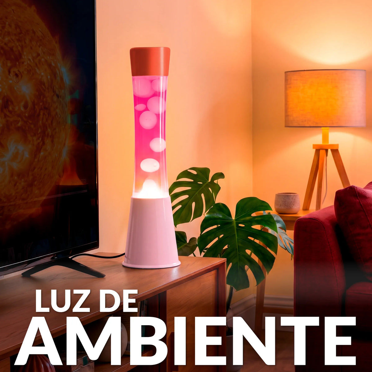 Lámpara de Lava base rosa con tapa roja, líquido rosa y lava transparente