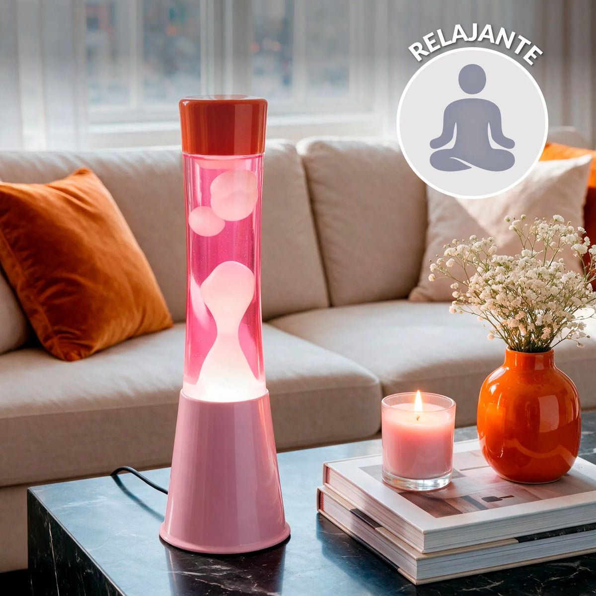 Lámpara de Lava base rosa con tapa roja, líquido rosa y lava transparente