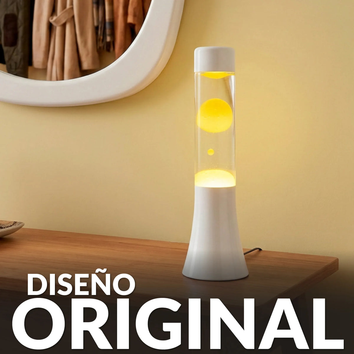 Lámpara de lava amarilla de 30 cm con base blanca y líquido transparente