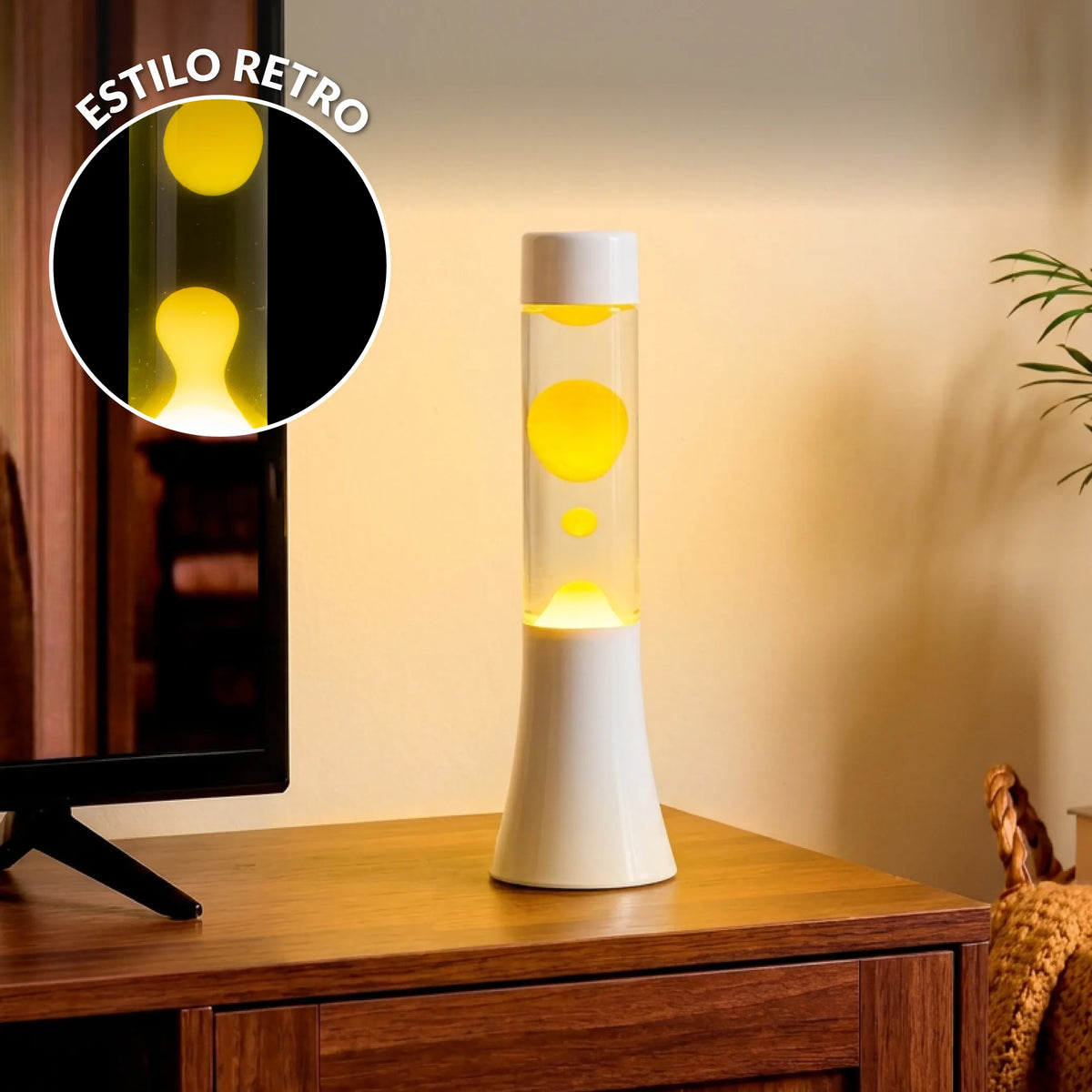 Lámpara de lava amarilla de 30 cm con base blanca y líquido transparente