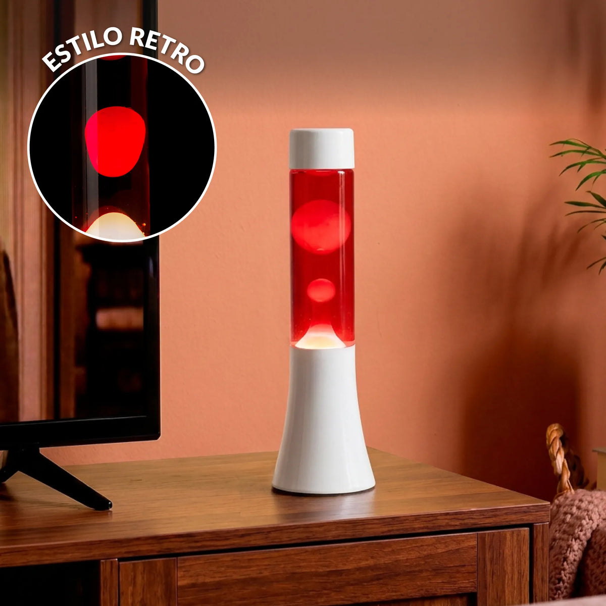 Lámpara de lava blanca de 30 cm con base blanca y líquido rojo