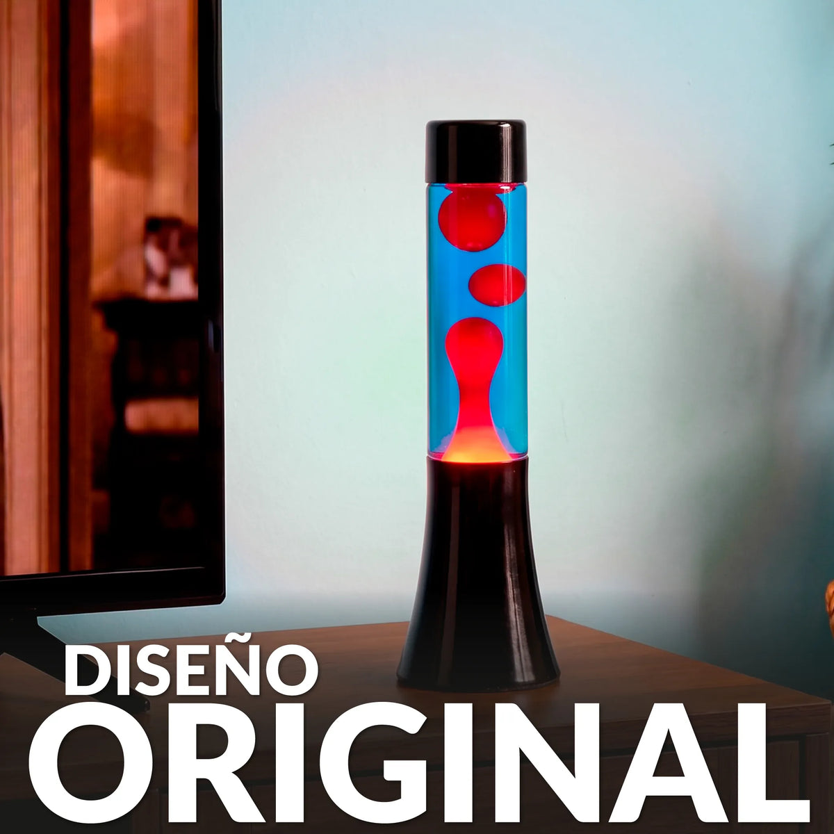 Lámpara de lava roja de 30 cm con base negra y líquido azul