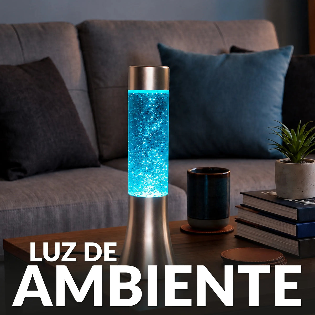 Lámpara de lava glitter de 30 cm con base plateada y líquido azul