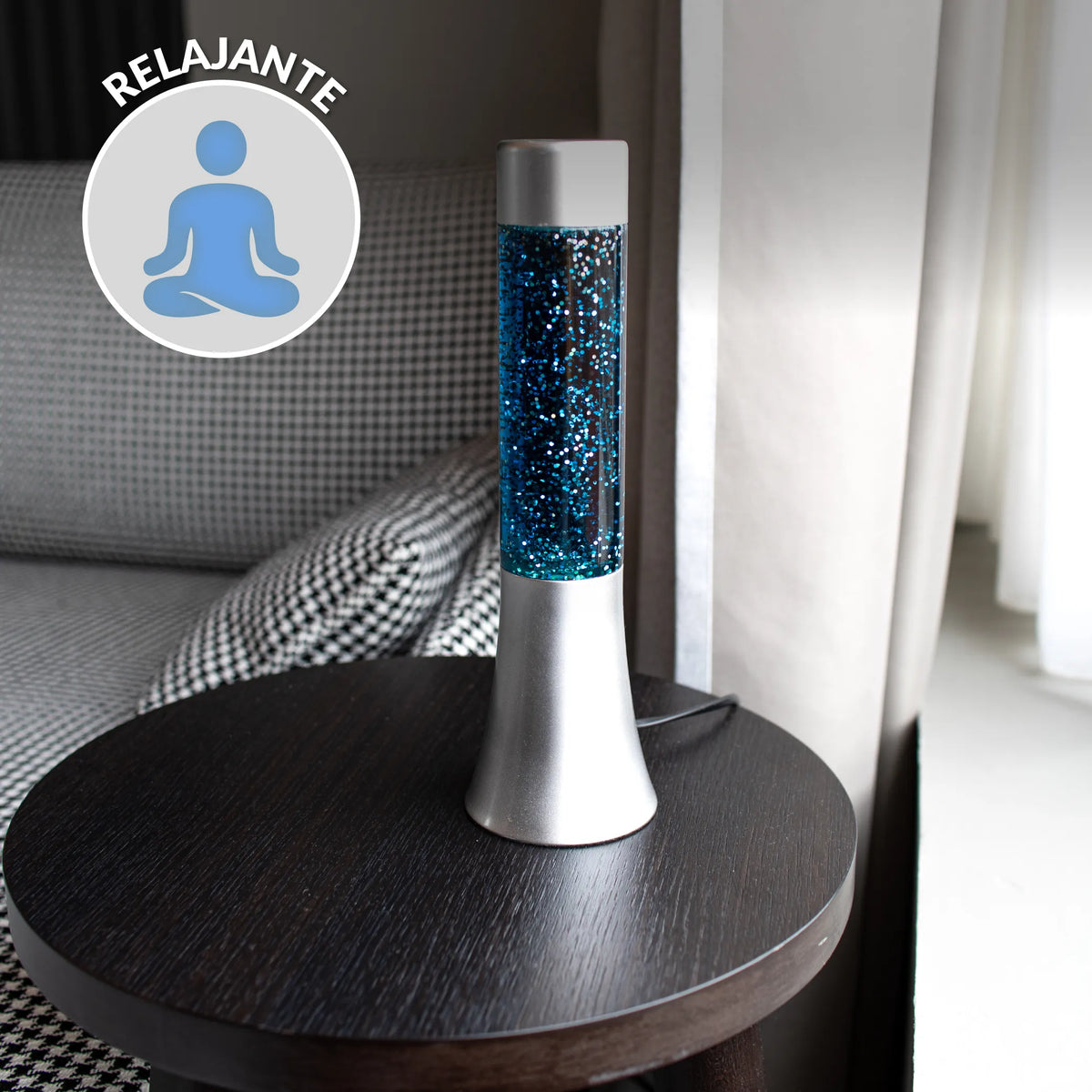 Lámpara de lava glitter de 30 cm con base plateada y líquido azul