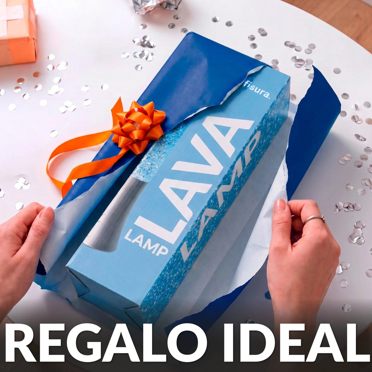 Lámpara de lava glitter de 30 cm con base plateada y líquido azul