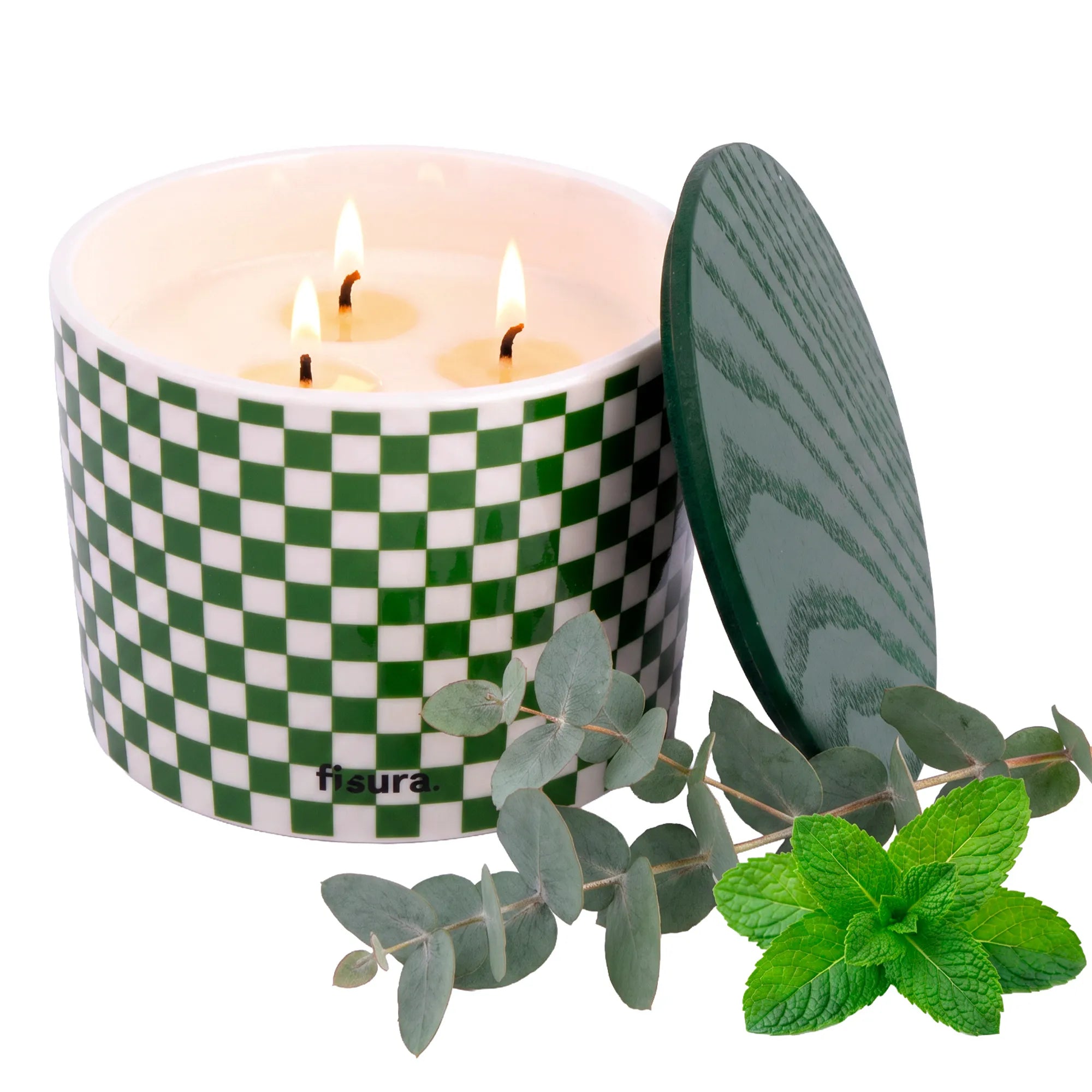 Candela in ceramica con coperchio “Cuadros” – eucalipto