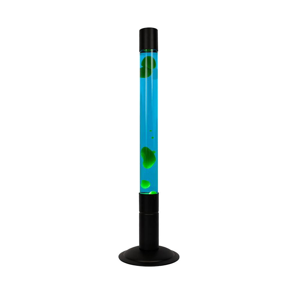 Lámpara de lava grande verde con base negra y líquido azul 