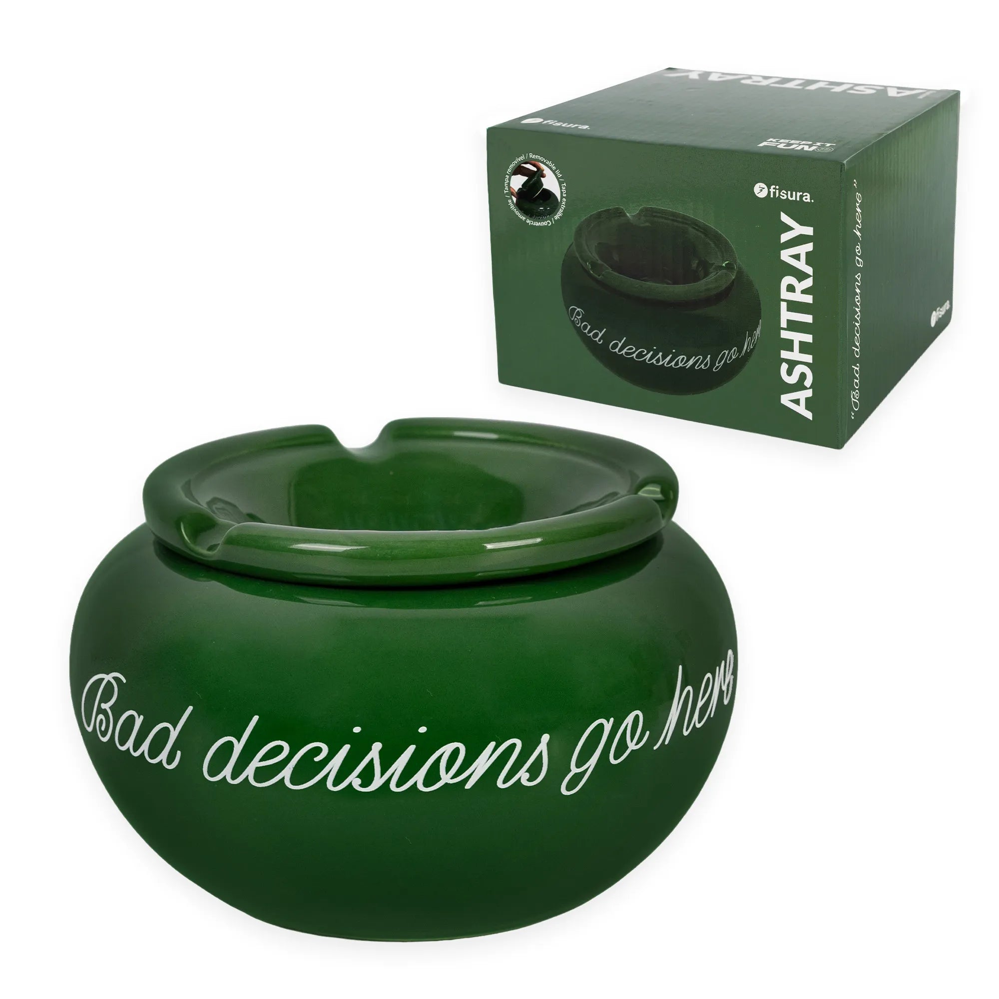 Cenicero con tapa “Bad decisions go here"