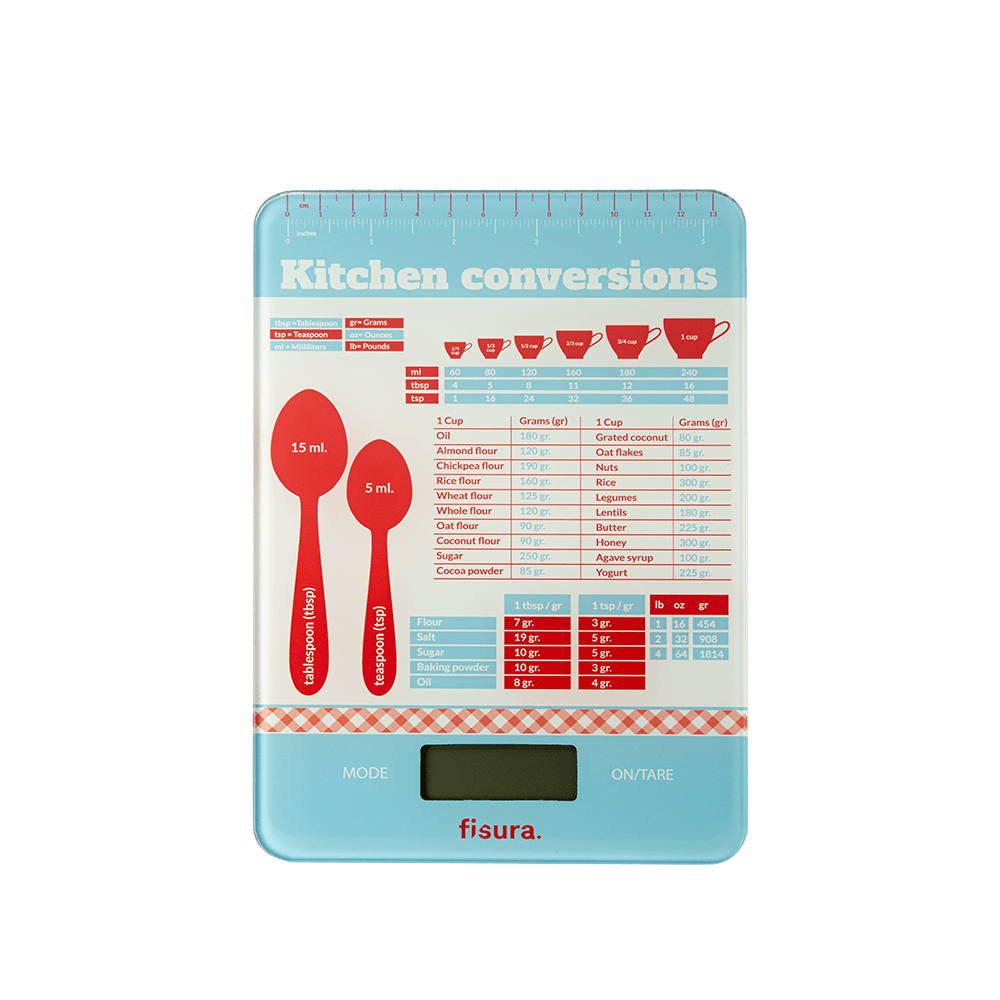 Báscula digital de cocina con estampado de medidas de repostería