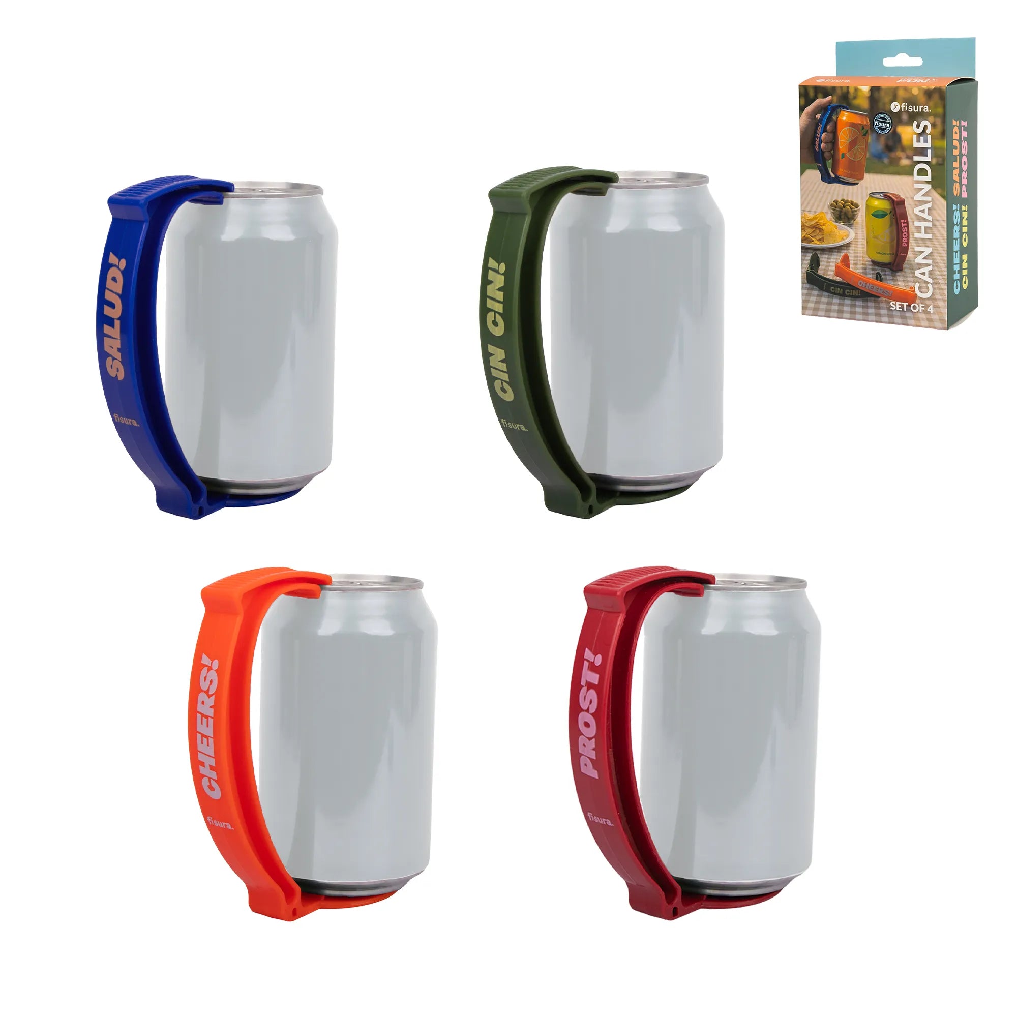 Asa para latas set de 4 “cheers!, salud!, cin cin!, prost!”